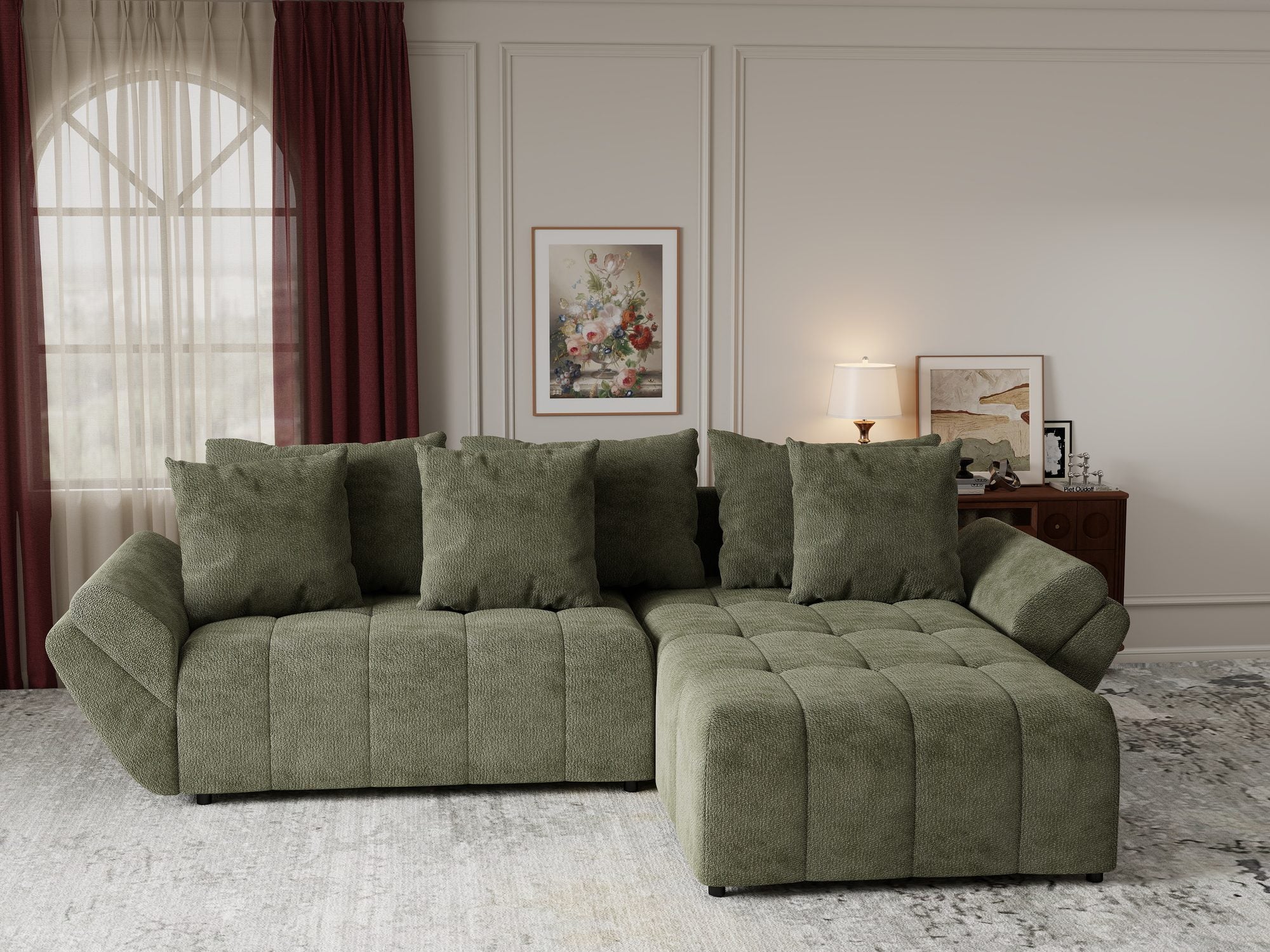 Colțar extensibil dumonde cu ladă de depozitare si sezut confortabil din spuma high-density, Berlin Vibe Olive 38 II 280x185 cm