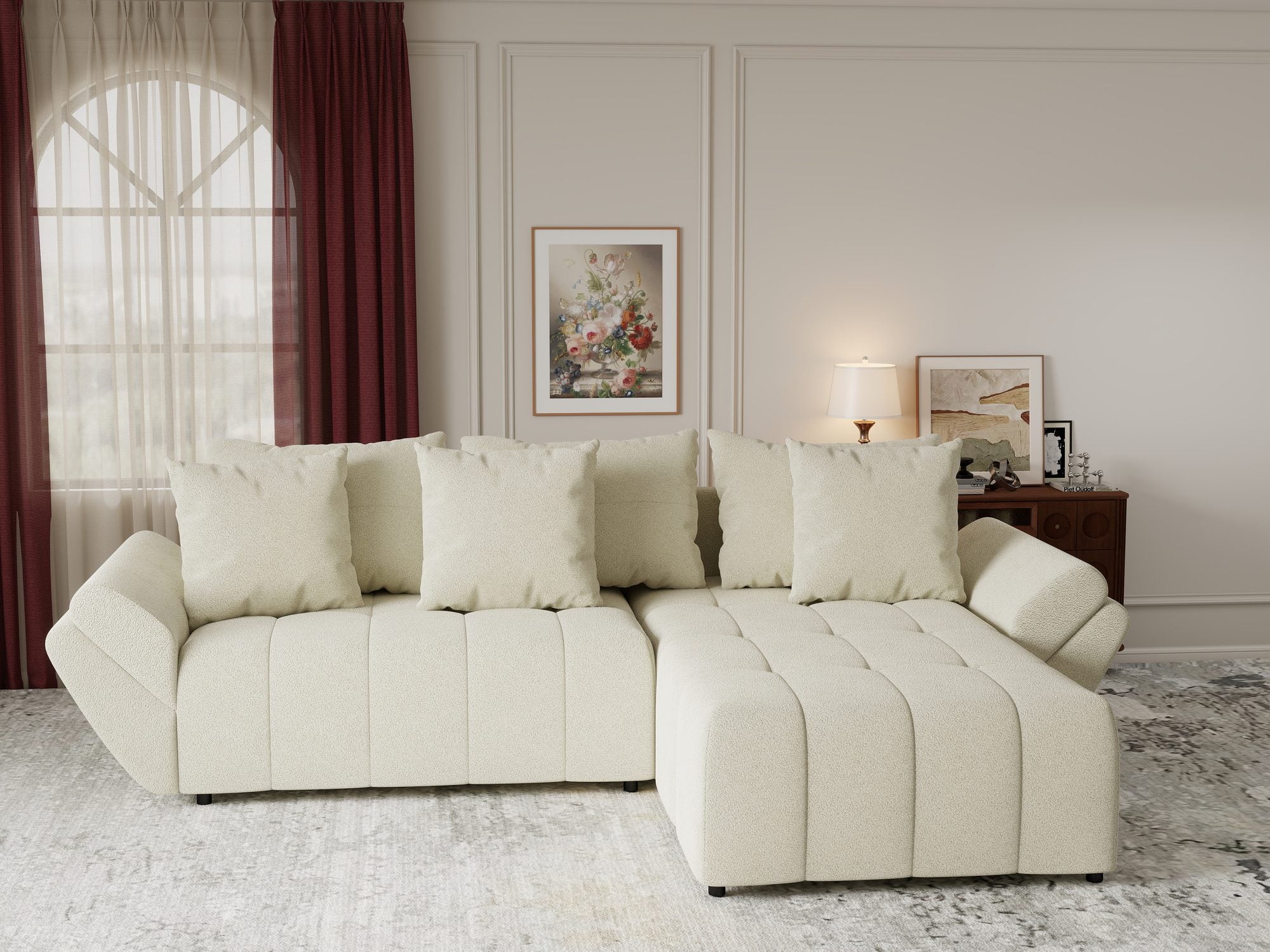 Colțar extensibil dumonde cu ladă de depozitare si sezut confortabil din spuma high-density, Berlin Quelle Bej 02 II 280x185 cm