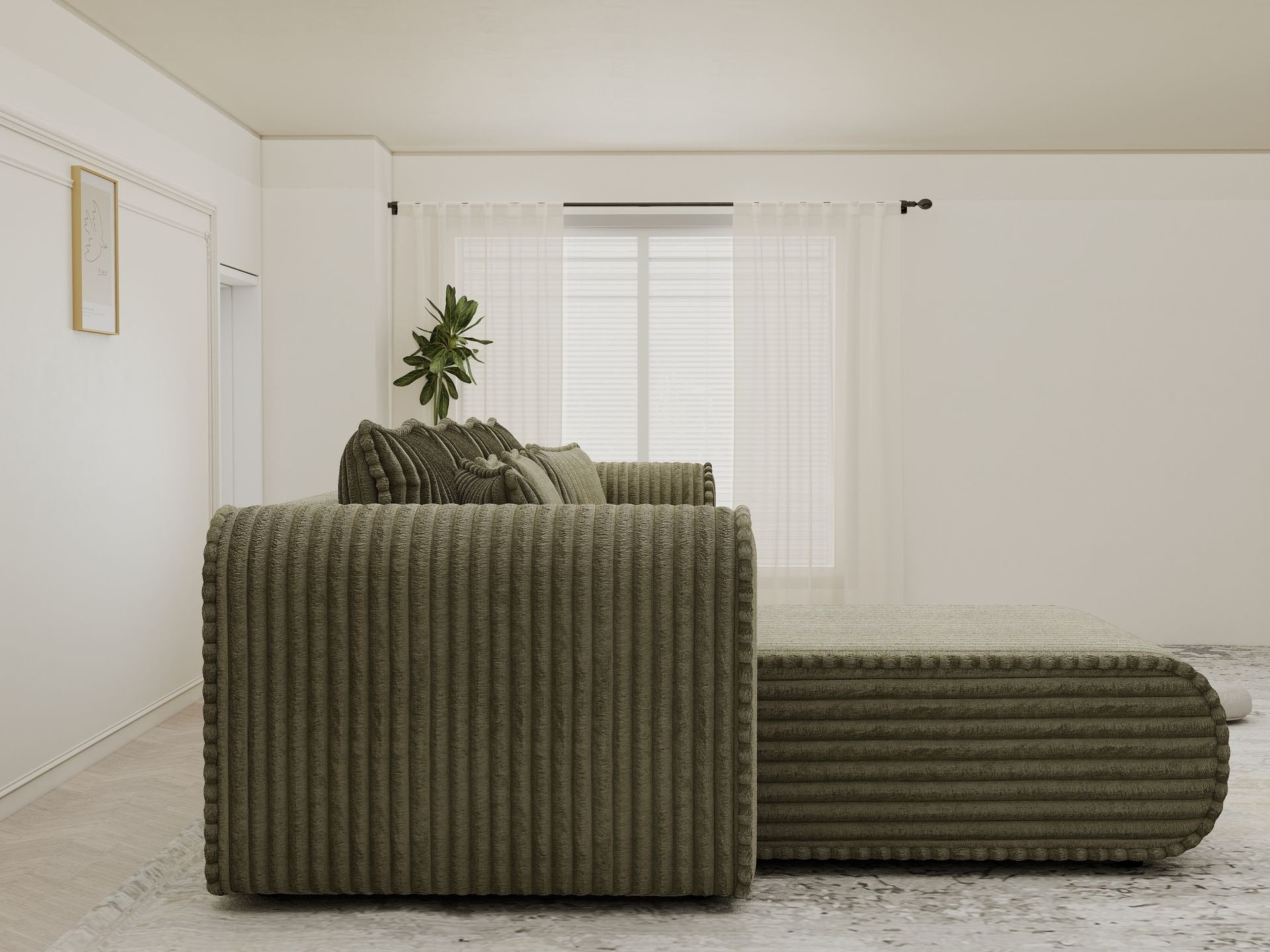Colțar extensibil dumonde cu ladă de depozitare si sezut confortabil din spuma high-density, Monaco XL Tilia Olive 340x185 cm