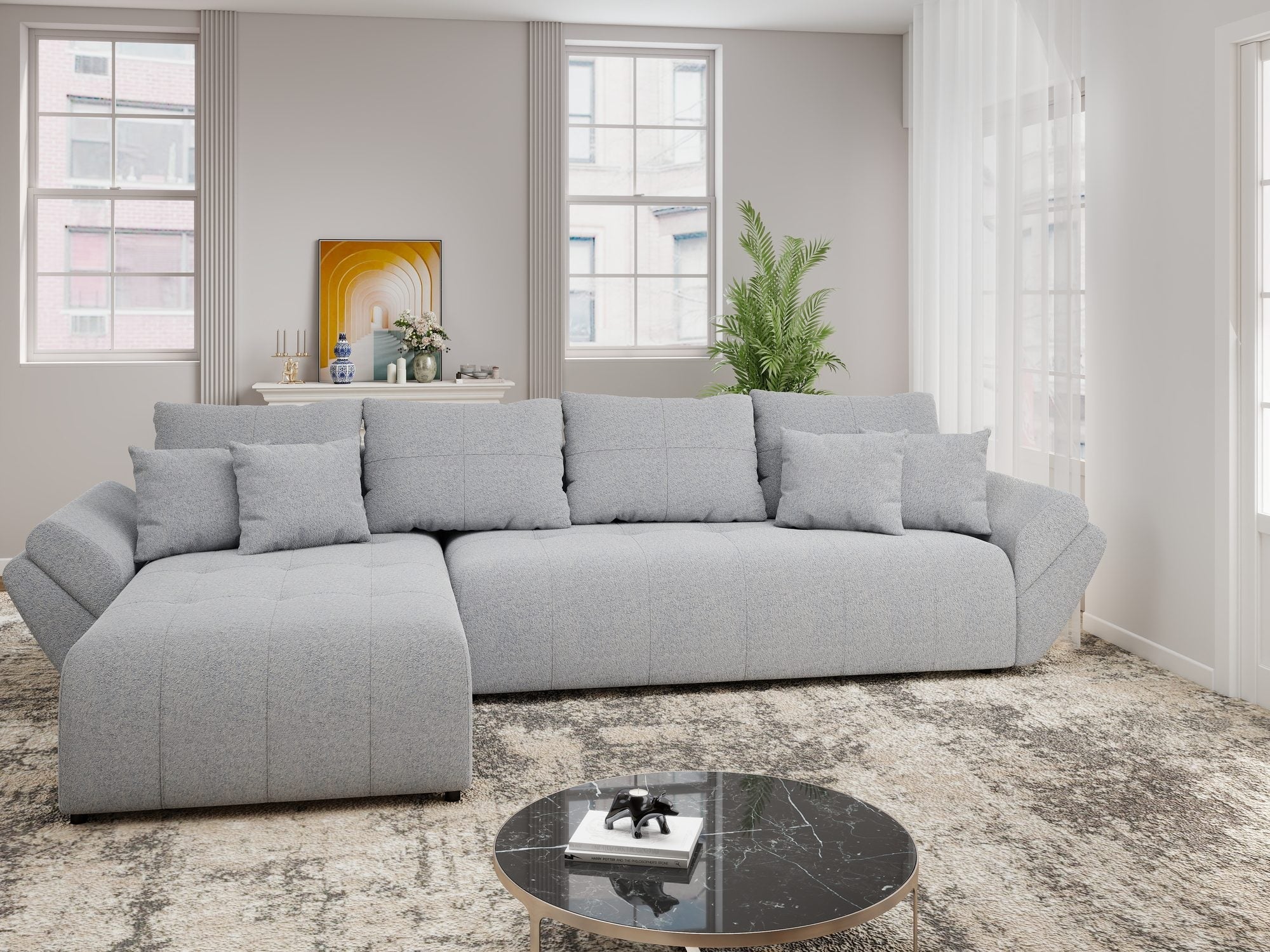 Colțar extensibil dumonde cu ladă de depozitare si sezut confortabil din spuma high-density, Berlin XL Monte Gri 84 350x185 cm