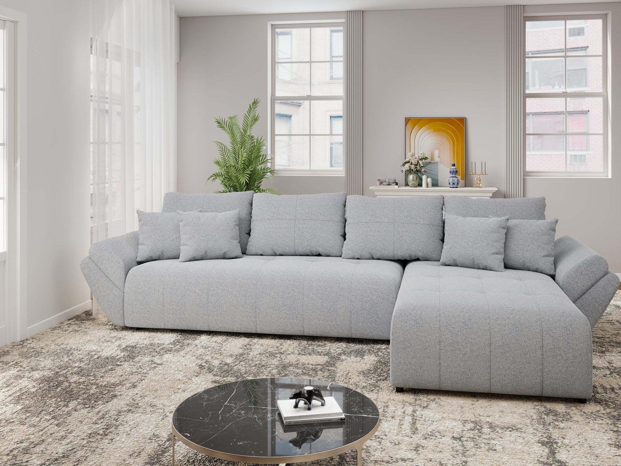 Colțar extensibil dumonde cu ladă de depozitare si sezut confortabil din spuma high-density, Berlin XL Monte Gri 84 II 350x185 cm