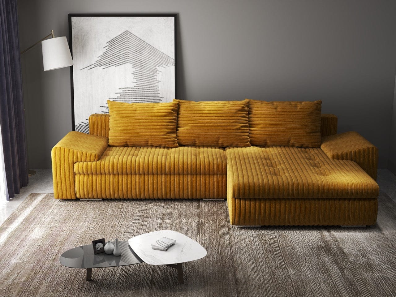 Colțar extensibil dumonde cu ladă de depozitare si sezut confortabil din spuma HR, Leonardo Ambience Mustar 260x185 cm II Fabrica