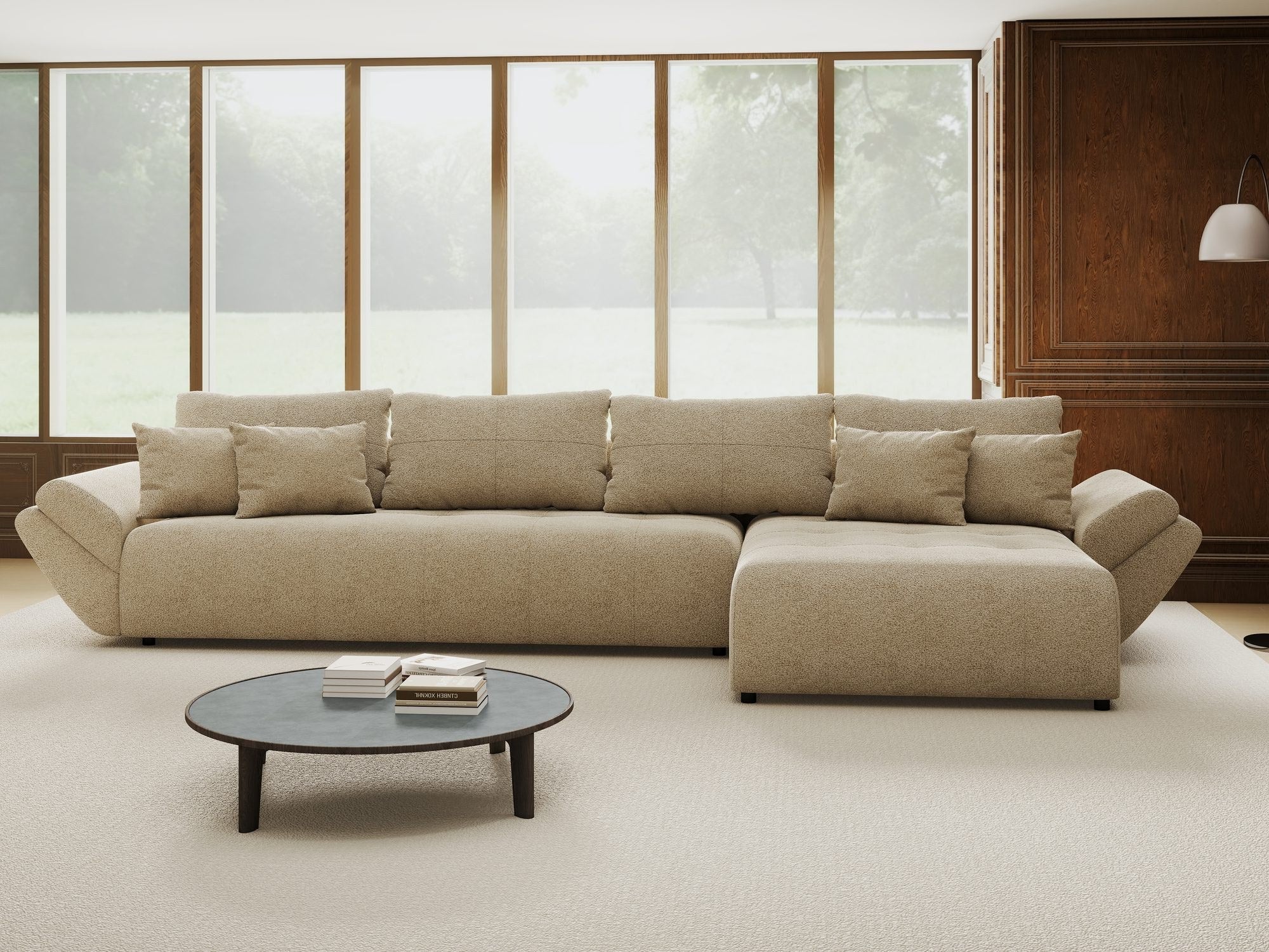 Colțar extensibil dumonde cu ladă de depozitare si sezut confortabil din spuma high-density, Berlin XL Quelle Bej 05 II 350x185 cm