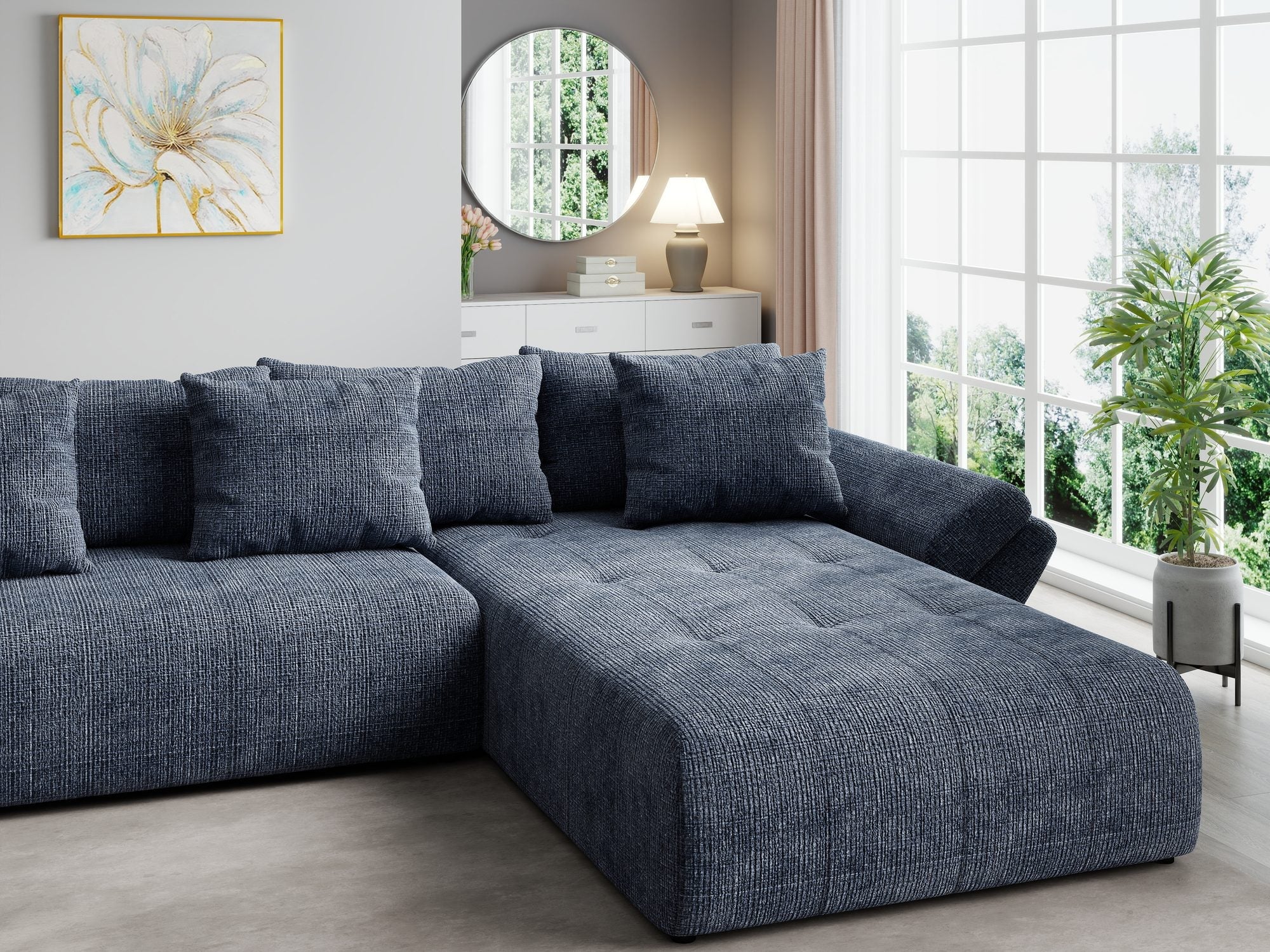 Colțar extensibil dumonde cu ladă de depozitare si sezut confortabil din spuma high-density, Berlin U Cremona Albastru 79 380x180 cm