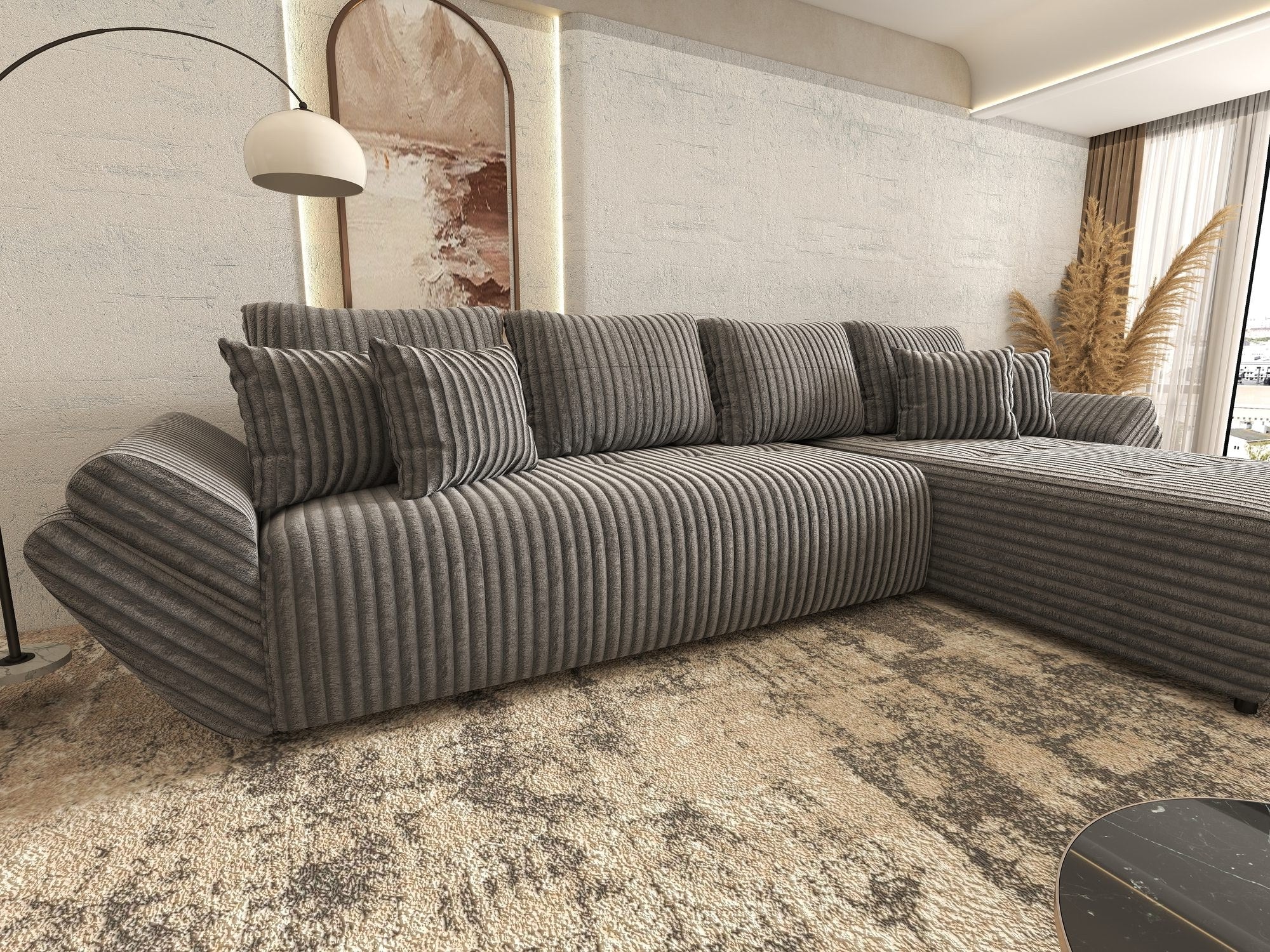 Colțar extensibil dumonde cu ladă de depozitare si sezut confortabil din spuma high-density, Berlin XL Tilia Gri 90 II 350x185 cm