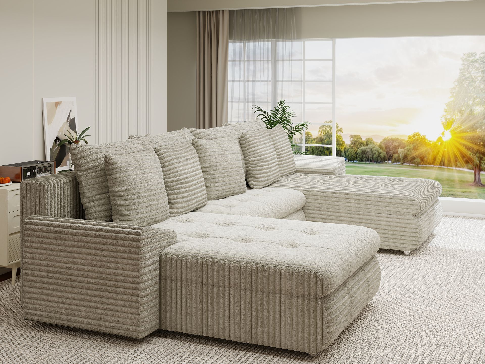 Colțar extensibil dumonde cu ladă de depozitare si sezut confortabil din spuma high-density, Leonardo U Tilia Bej 08 360x185 cm