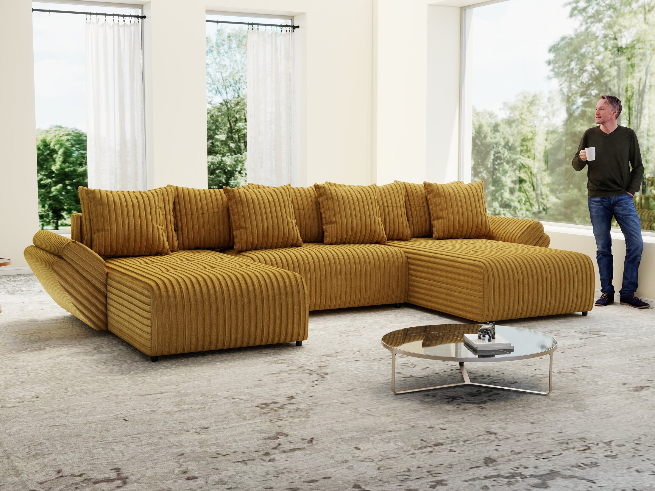Colțar extensibil dumonde cu ladă de depozitare si sezut confortabil din spuma high-density, Berlin U Ambiance Mustar 400x185 cm