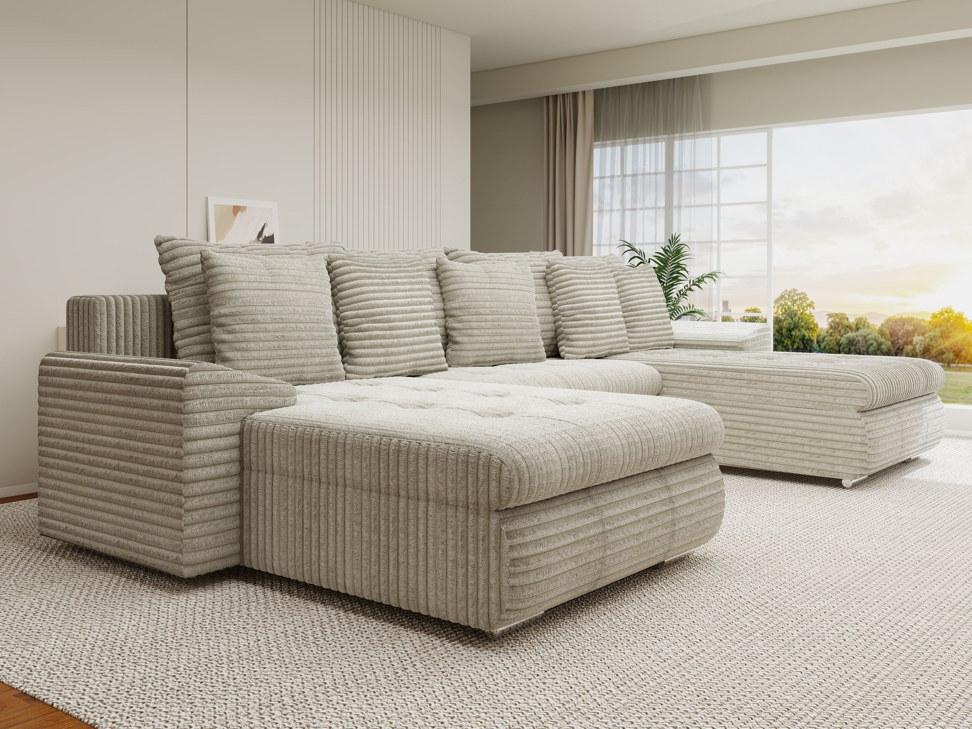 Colțar extensibil dumonde cu ladă de depozitare si sezut confortabil din spuma high-density, Leonardo U Tilia Bej 08 360x185 cm