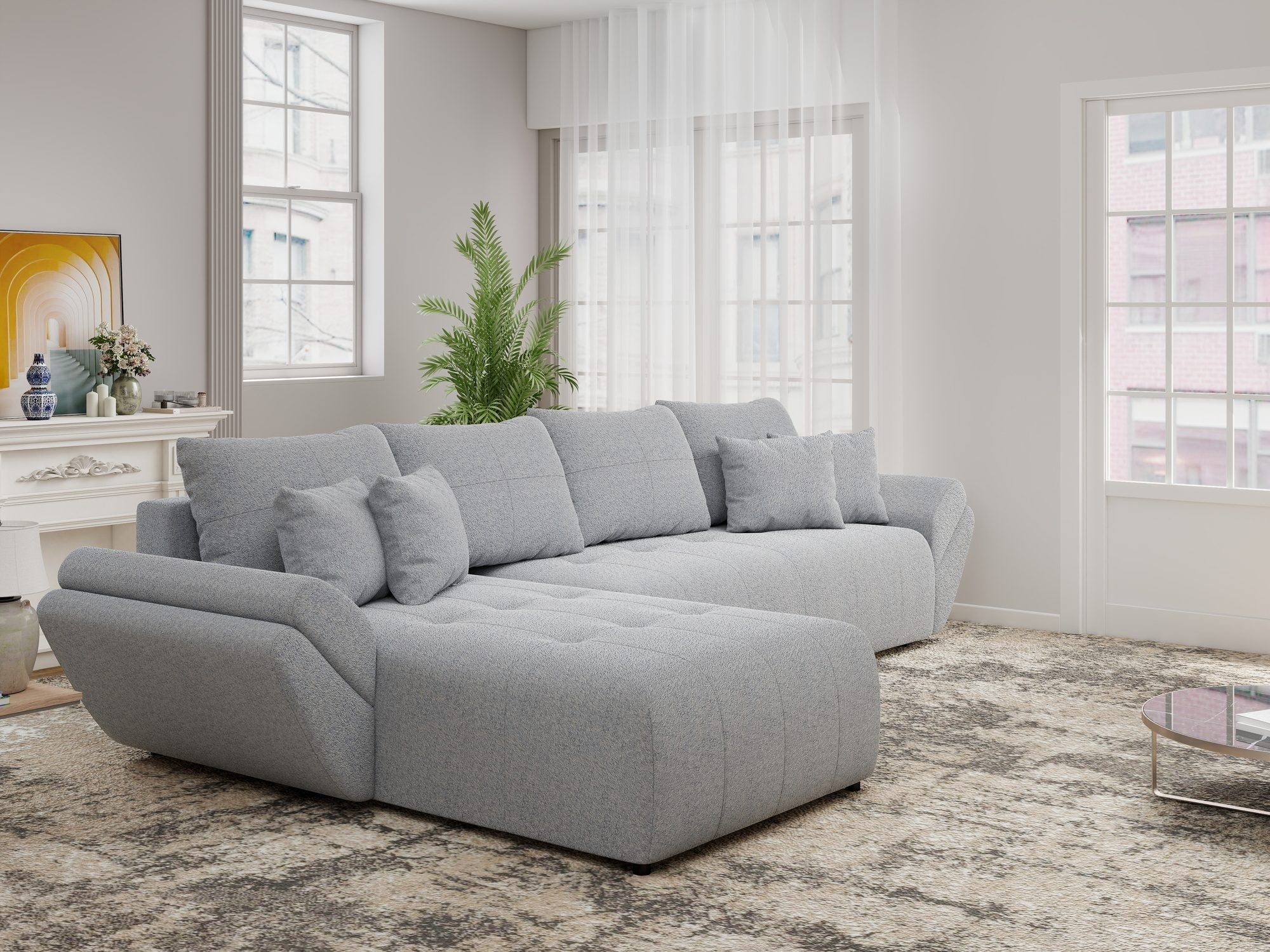 Colțar extensibil dumonde cu ladă de depozitare si sezut confortabil din spuma high-density, Berlin XL Monte Gri 84 350x185 cm