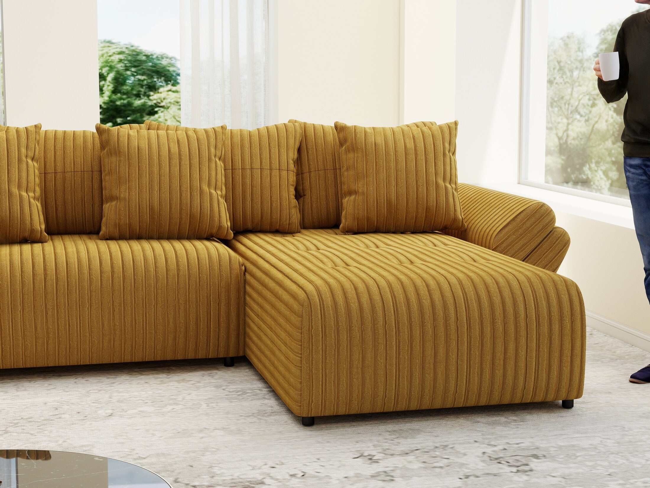 Colțar extensibil dumonde cu ladă de depozitare si sezut confortabil din spuma high-density, Berlin U Ambiance Mustar 400x185 cm