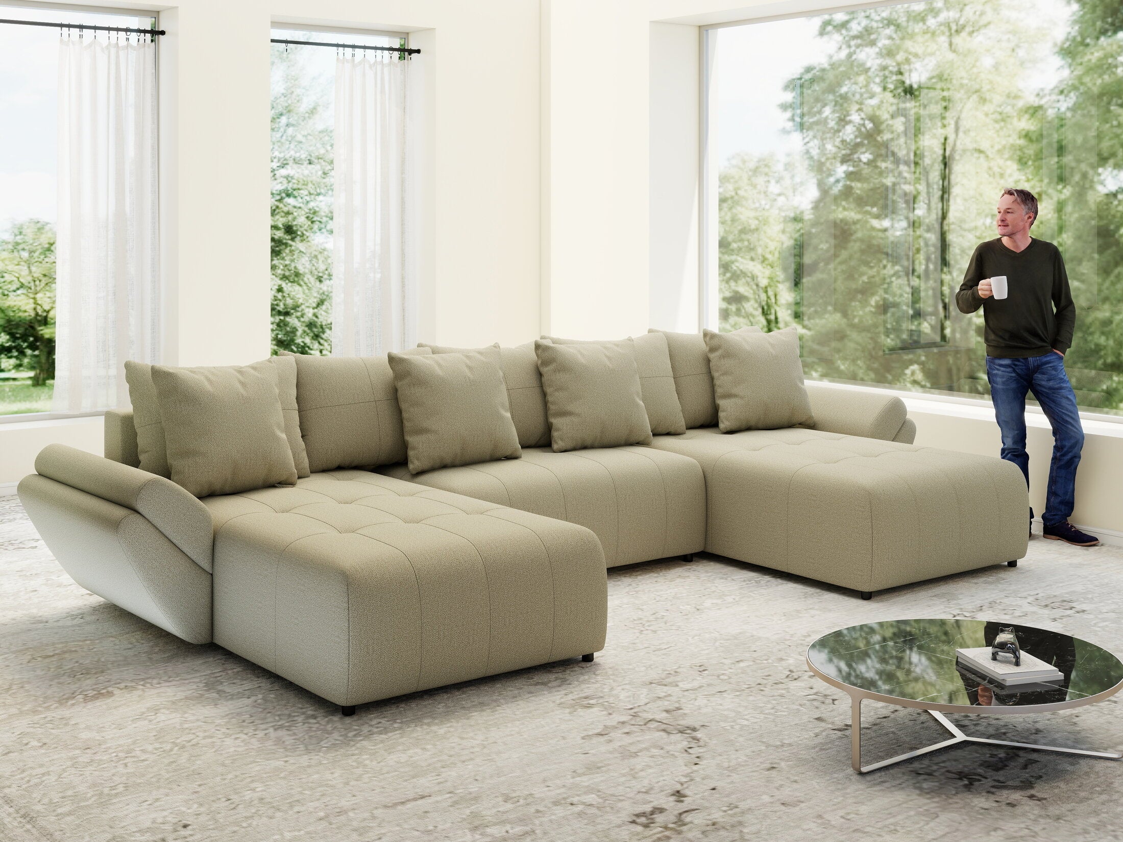 Colțar extensibil dumonde cu ladă de depozitare si sezut confortabil din spuma high-density, Berlin U Enjoy Camel 400x185 cm