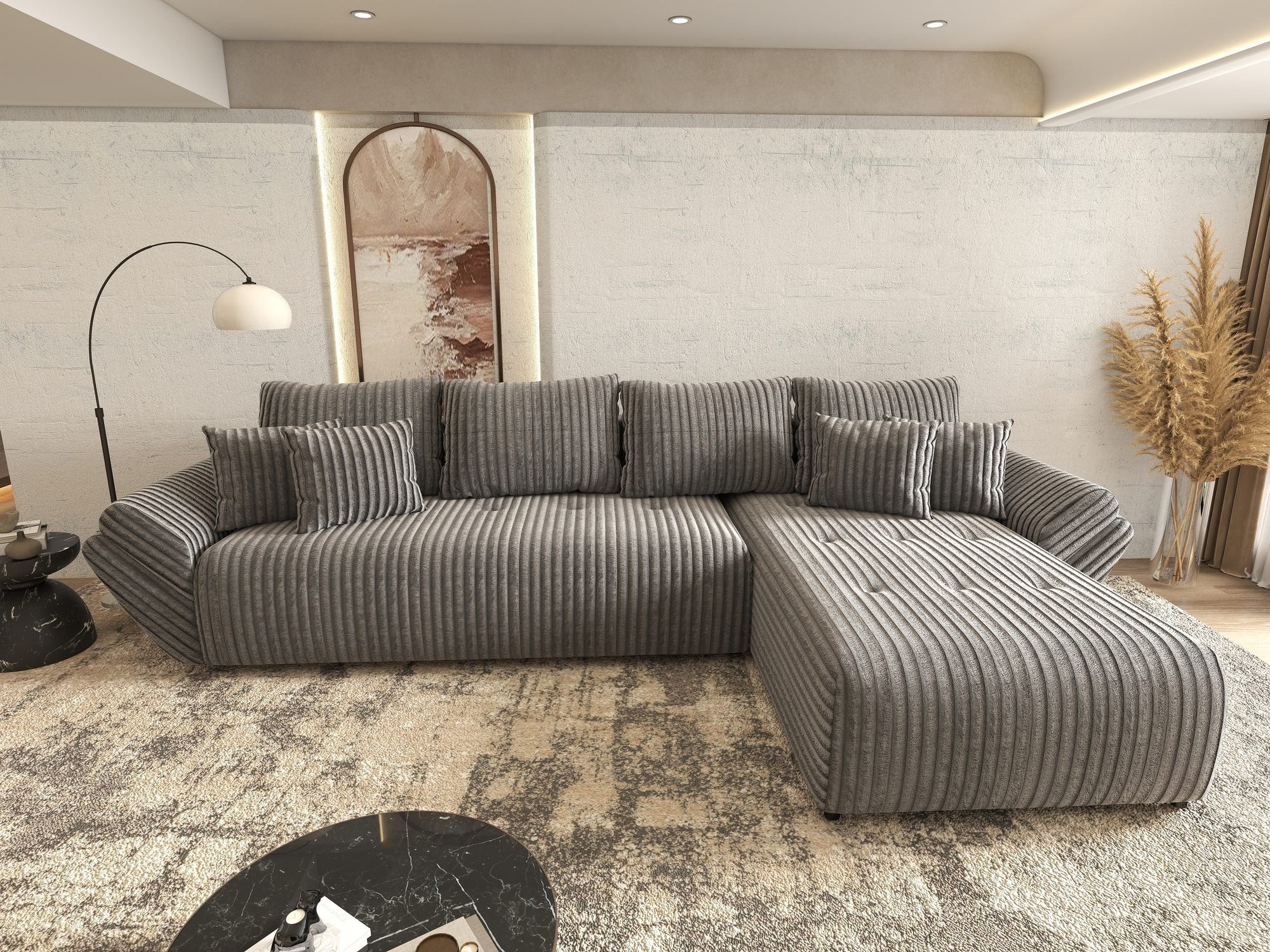 Colțar extensibil dumonde cu ladă de depozitare si sezut confortabil din spuma high-density, Berlin XL Tilia Gri 90 II 350x185 cm