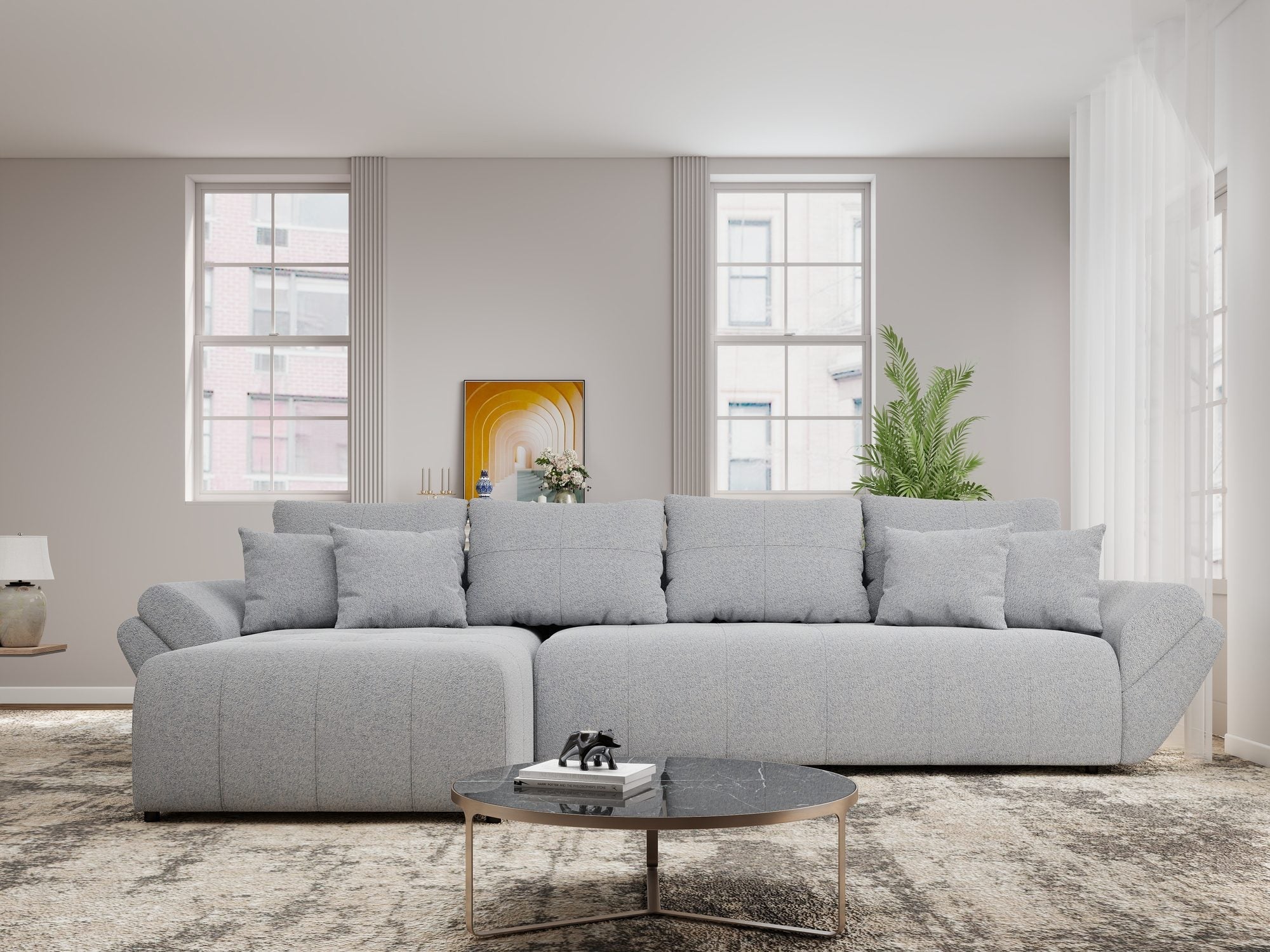 Colțar extensibil dumonde cu ladă de depozitare si sezut confortabil din spuma high-density, Berlin XL Monte Gri 84 350x185 cm