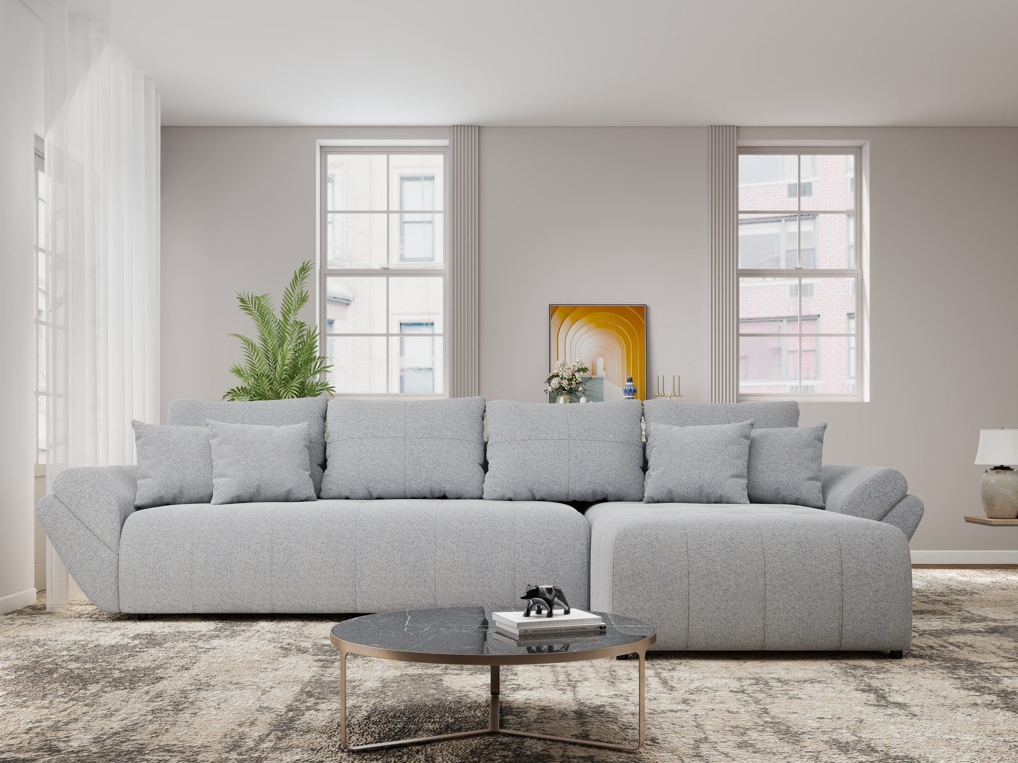 Colțar extensibil dumonde cu ladă de depozitare si sezut confortabil din spuma high-density, Berlin XL Monte Gri 84 II 350x185 cm