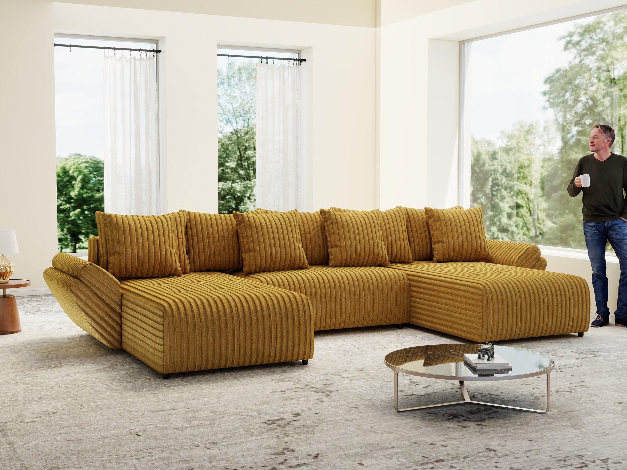 Colțar extensibil dumonde cu ladă de depozitare si sezut confortabil din spuma high-density, Berlin U Ambiance Mustar 400x185 cm