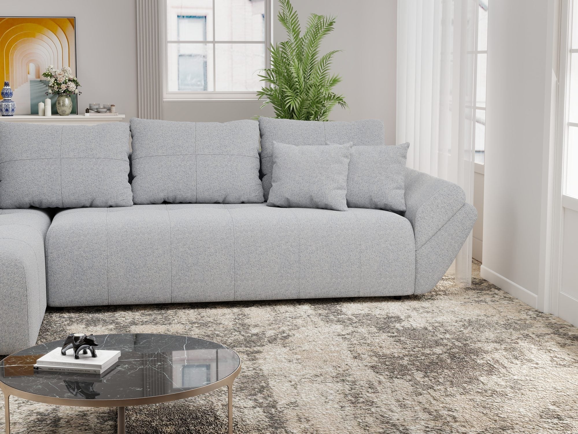 Colțar extensibil dumonde cu ladă de depozitare si sezut confortabil din spuma high-density, Berlin XL Monte Gri 84 350x185 cm
