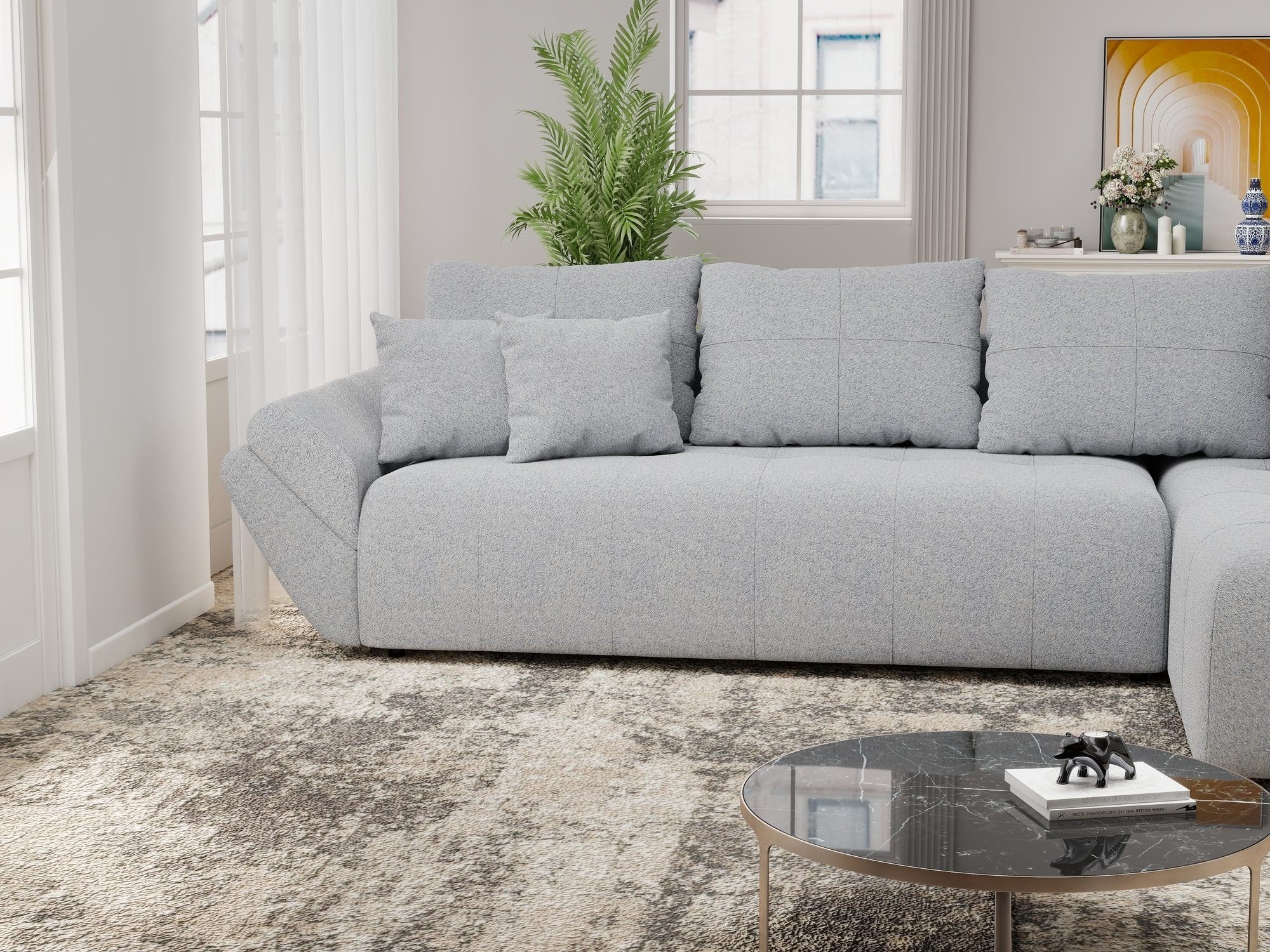 Colțar extensibil dumonde cu ladă de depozitare si sezut confortabil din spuma high-density, Berlin XL Monte Gri 84 II 350x185 cm