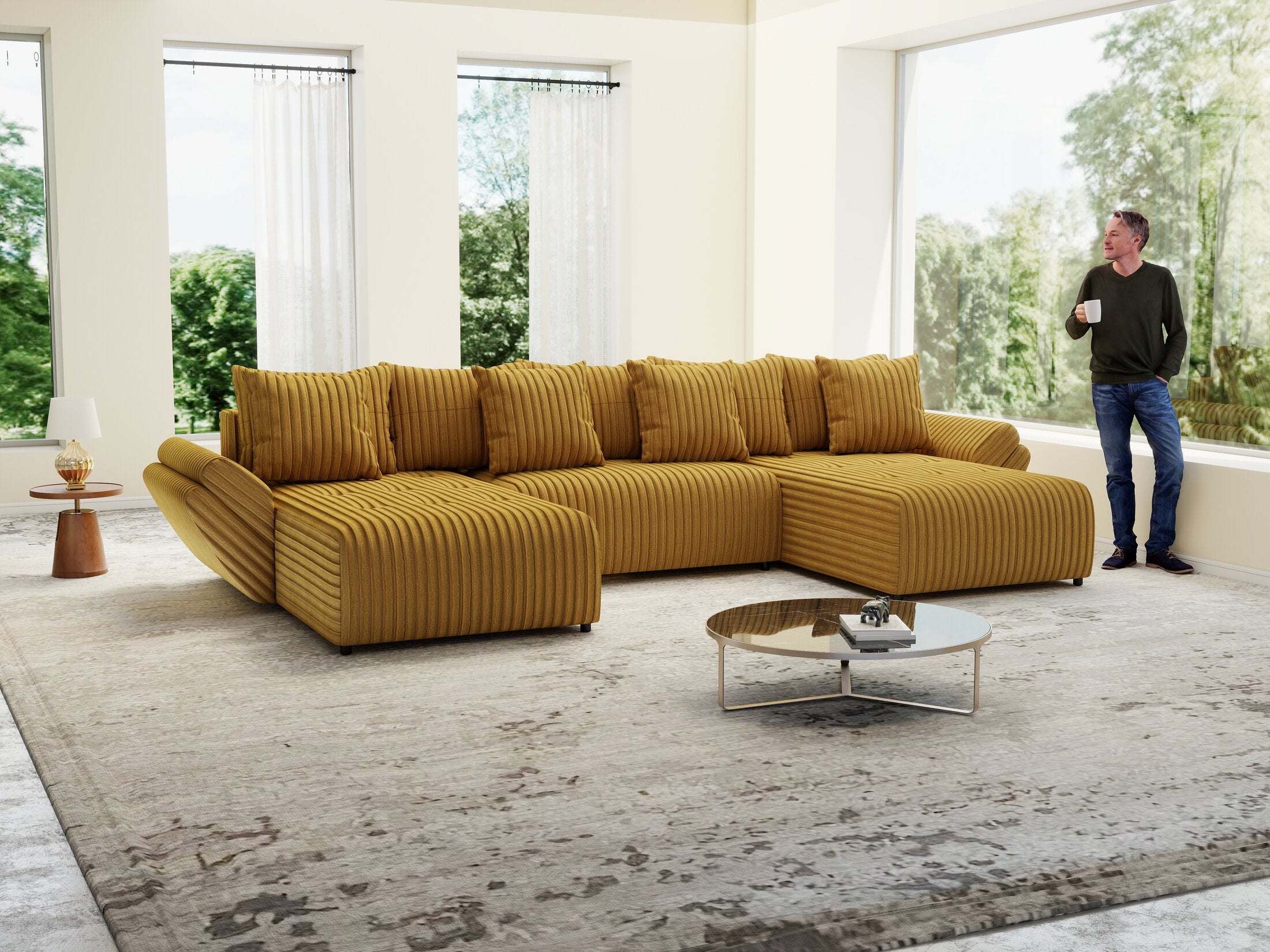 Colțar extensibil dumonde cu ladă de depozitare si sezut confortabil din spuma high-density, Berlin U Ambiance Mustar 400x185 cm