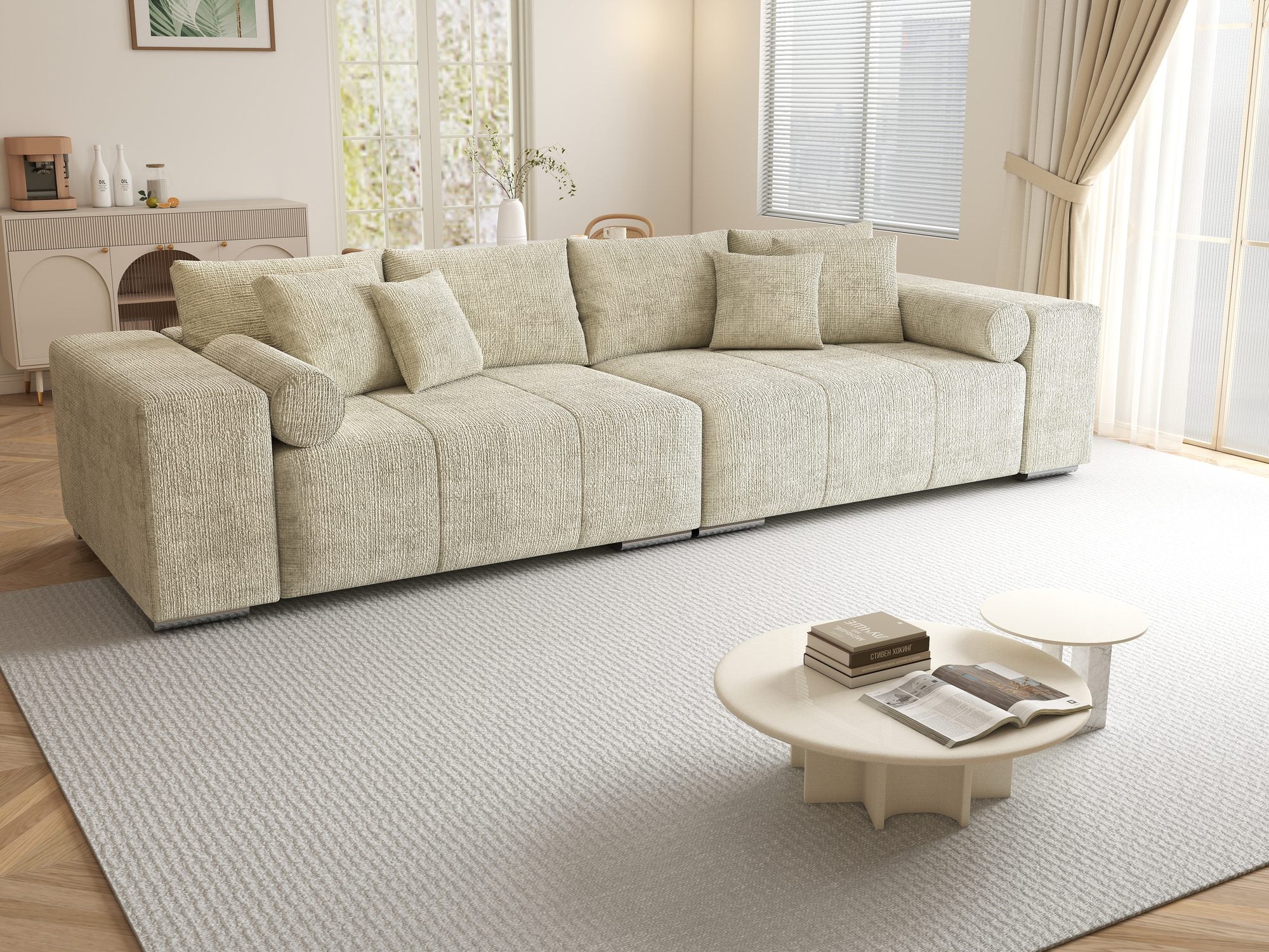 Canapea extensibilă dumonde cu ladă de depozitare si sezut confortabil din spuma high-density, Marbela XXL Cremona Gri Deschis 02 290x100 cm
