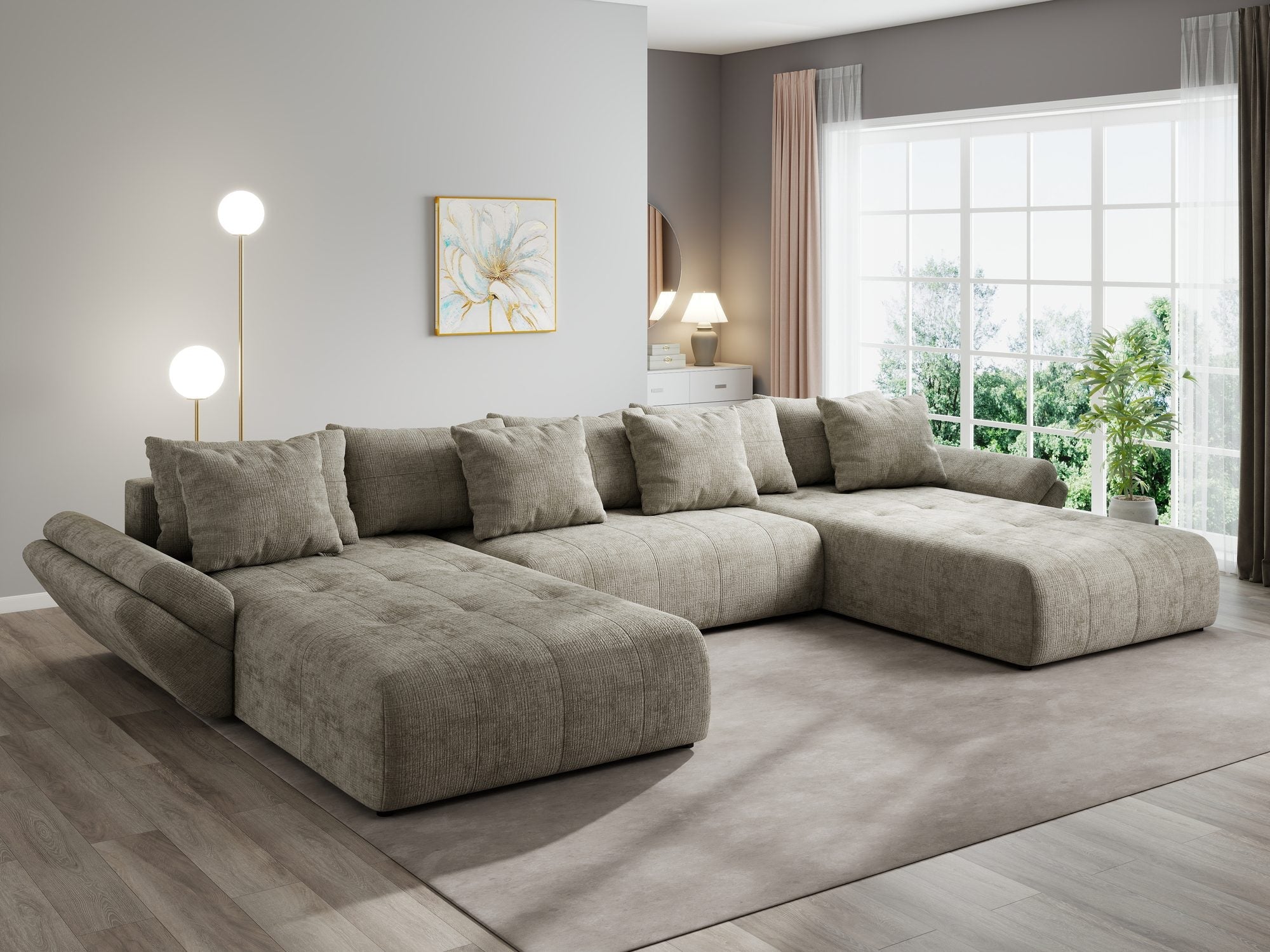 Colțar extensibil dumonde cu ladă de depozitare si sezut confortabil din spuma high-density, Berlin U Cremona Bej 14 380x180 cm