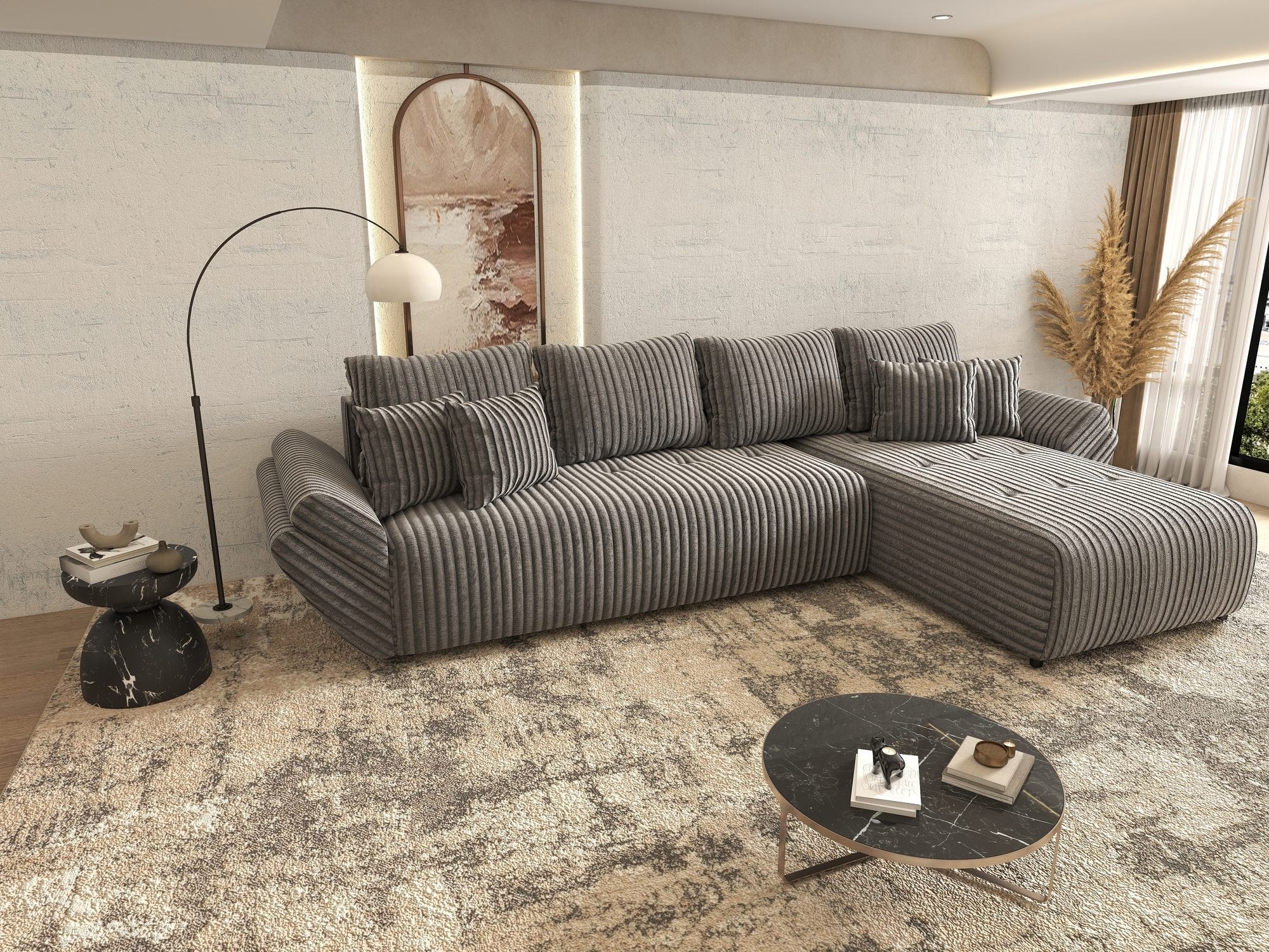 Colțar extensibil dumonde cu ladă de depozitare si sezut confortabil din spuma high-density, Berlin XL Tilia Gri 90 II 350x185 cm