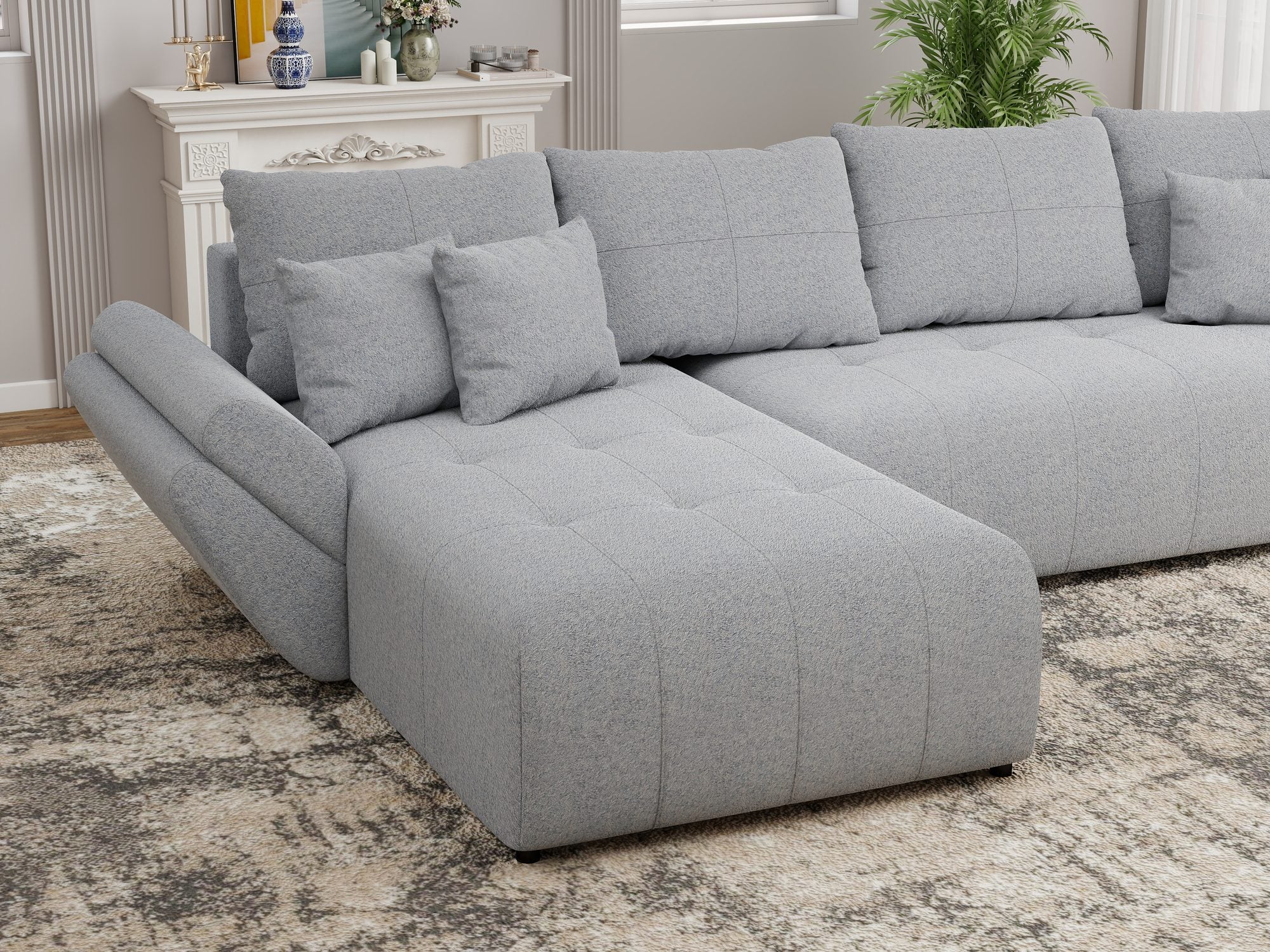 Colțar extensibil dumonde cu ladă de depozitare si sezut confortabil din spuma high-density, Berlin XL Monte Gri 84 350x185 cm