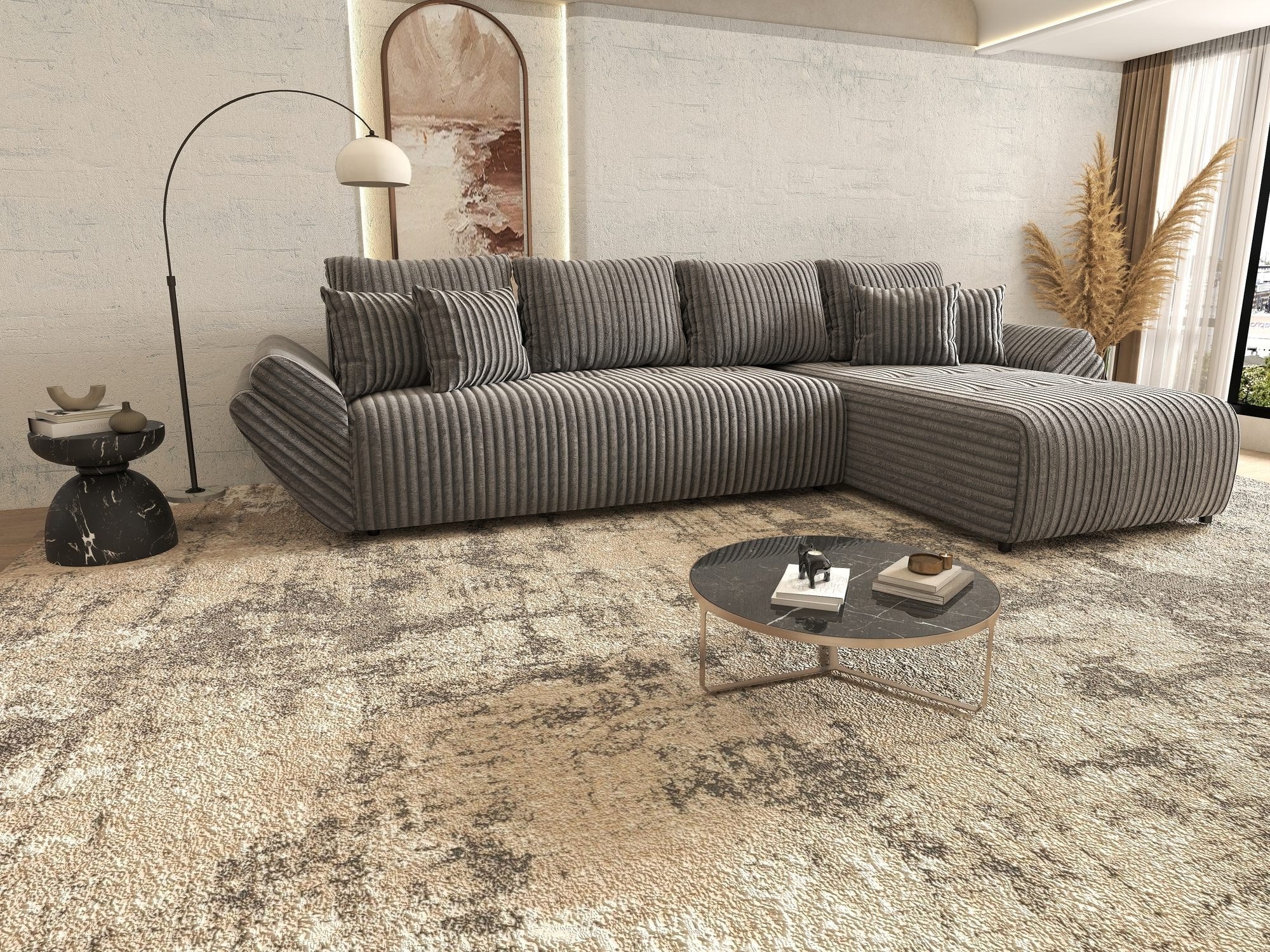 Colțar extensibil dumonde cu ladă de depozitare si sezut confortabil din spuma high-density, Berlin XL Tilia Gri 90 II 350x185 cm