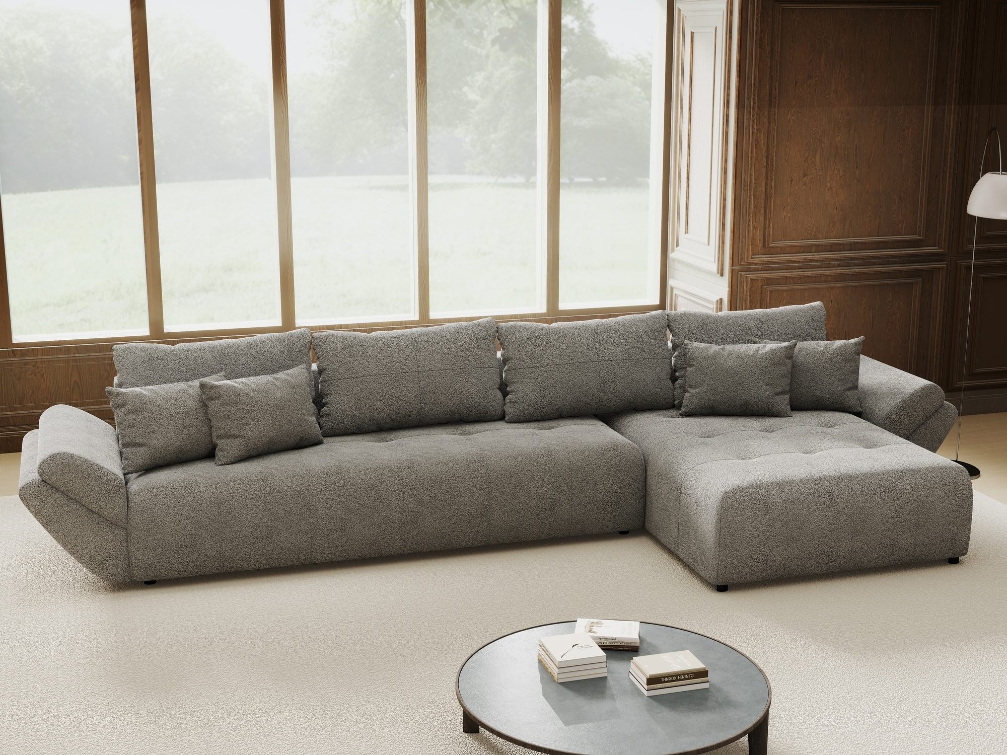Colțar extensibil dumonde cu ladă de depozitare si sezut confortabil din spuma high-density, Berlin XL Quelle Gri 92 II 350x185 cm