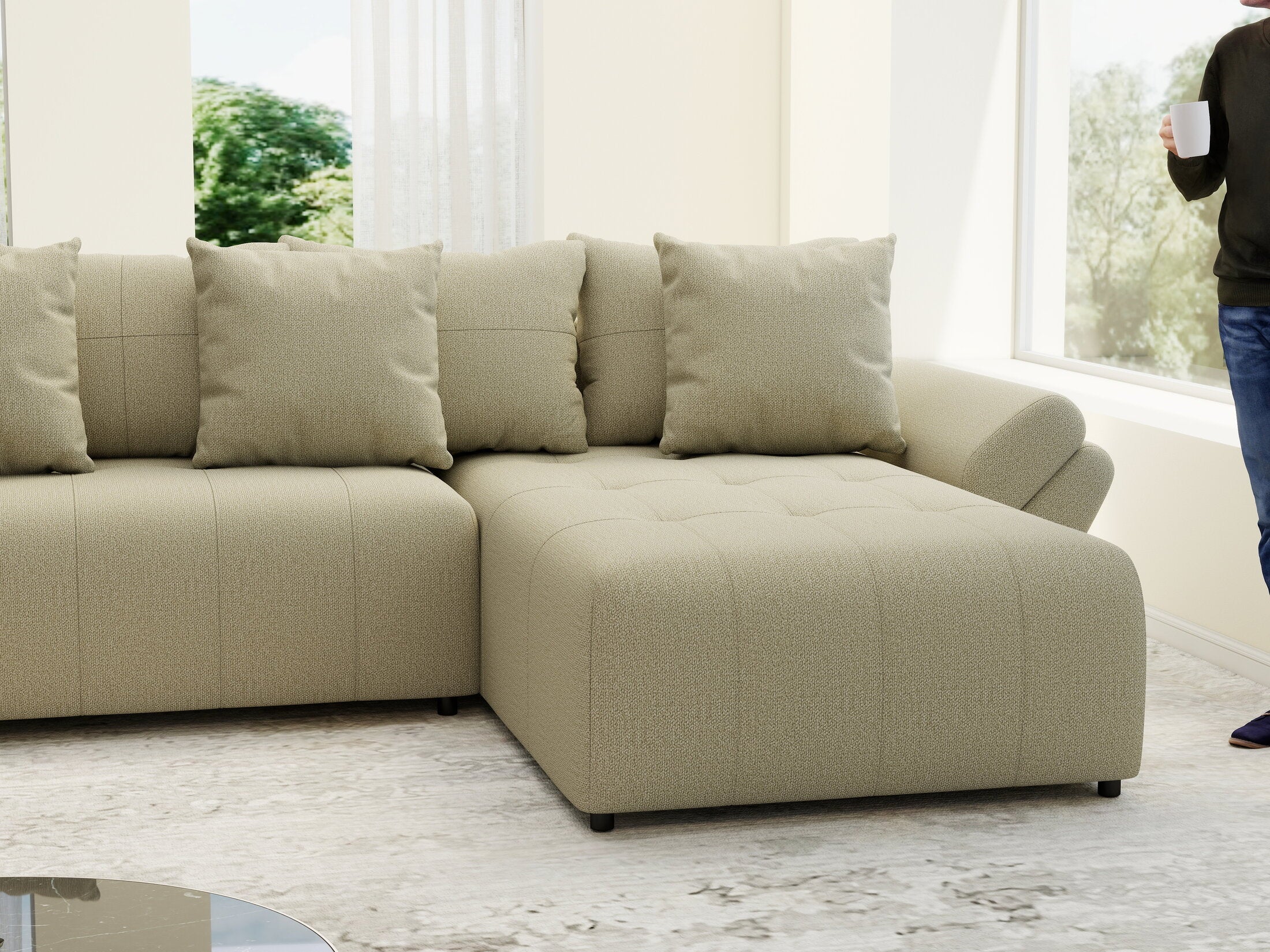 Colțar extensibil dumonde cu ladă de depozitare si sezut confortabil din spuma high-density, Berlin U Enjoy Camel 400x185 cm
