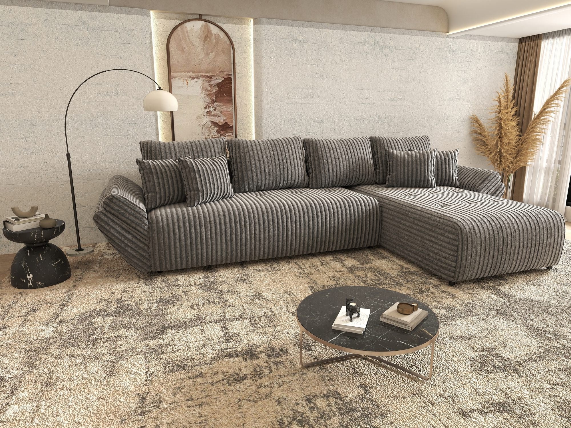Colțar extensibil dumonde cu ladă de depozitare si sezut confortabil din spuma high-density, Berlin XL Tilia Gri 90 II 350x185 cm