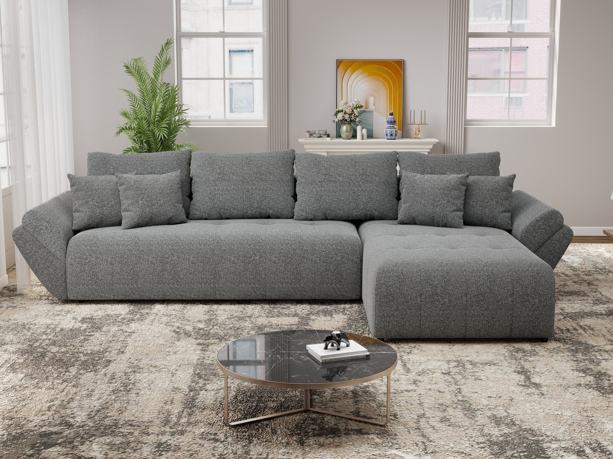 Colțar extensibil dumonde cu ladă de depozitare si sezut confortabil din spuma high-density, Berlin XL Monte Gri 90 II 350x185 cm