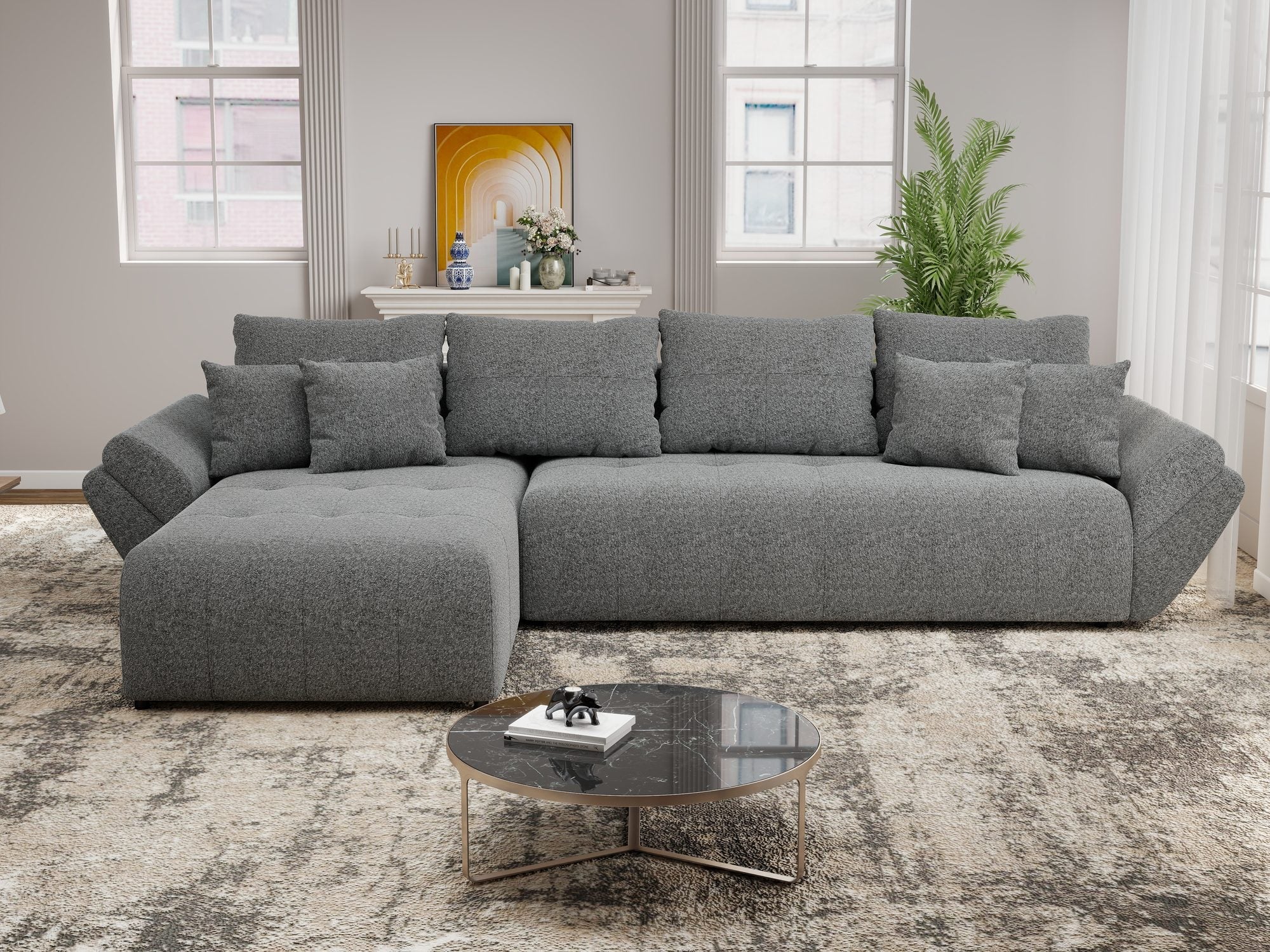 Colțar extensibil dumonde cu ladă de depozitare si sezut confortabil din spuma high-density, Berlin XL Monte Gri 90 350x185 cm