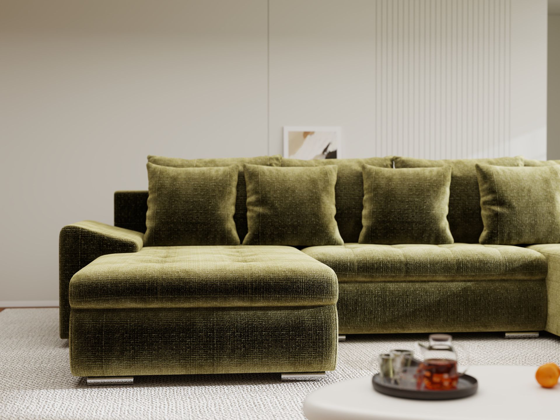 Colțar extensibil dumonde cu ladă de depozitare si sezut confortabil din spuma high-density, Leonardo U Cremona Olive 38 360x185 cm