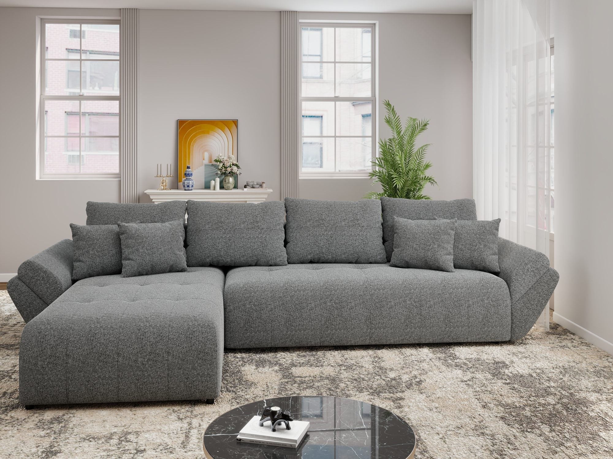Colțar extensibil dumonde cu ladă de depozitare si sezut confortabil din spuma high-density, Berlin XL Monte Gri 90 350x185 cm
