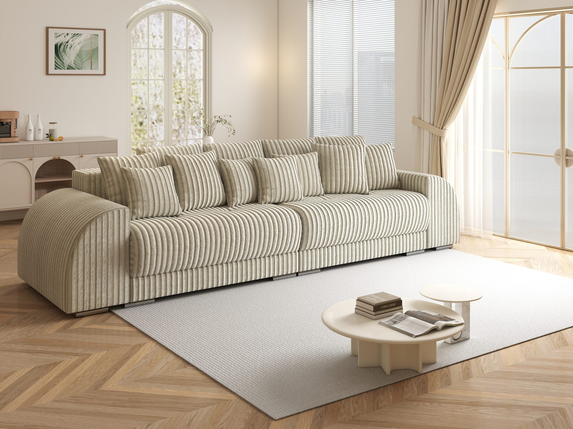 Canapea extensibilă dumonde cu 2 lăzi de depozitare si sezut confortabil din spuma high-density, Verona Tilia Bej 08 310x100 cm