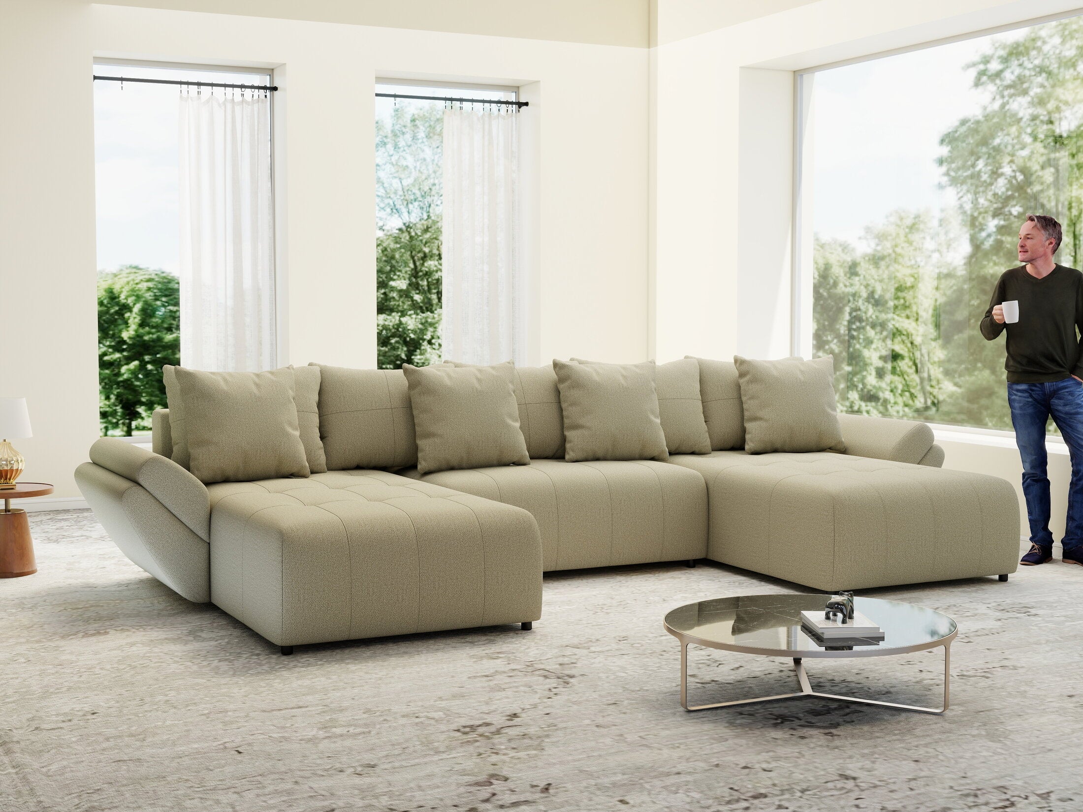 Colțar extensibil dumonde cu ladă de depozitare si sezut confortabil din spuma high-density, Berlin U Enjoy Camel 400x185 cm