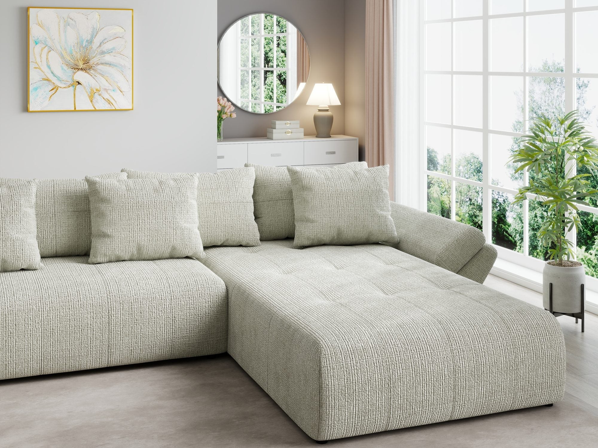 Colțar extensibil dumonde cu ladă de depozitare si sezut confortabil din spuma high-density, Berlin U Cremona Bej 04 380x180 cm
