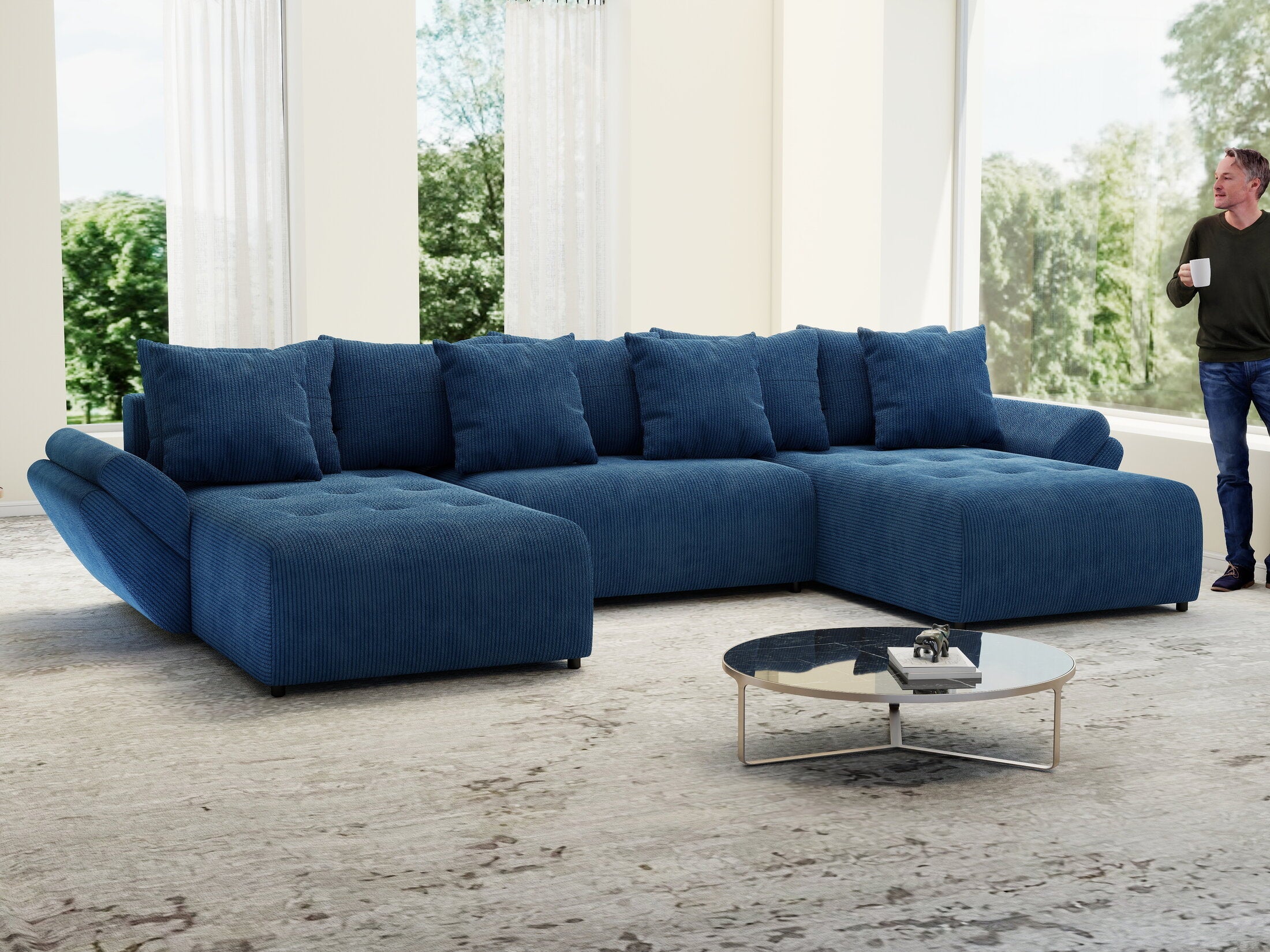 Colțar extensibil dumonde cu ladă de depozitare si sezut confortabil din spuma high-density, Berlin U Zoom Blue 400x185 cm