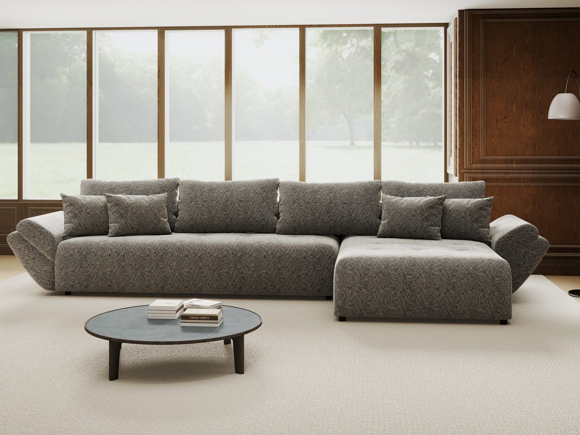Colțar extensibil dumonde cu ladă de depozitare si sezut confortabil din spuma high-density, Berlin XL Arena Gri Grafit 18 II 350x185 cm