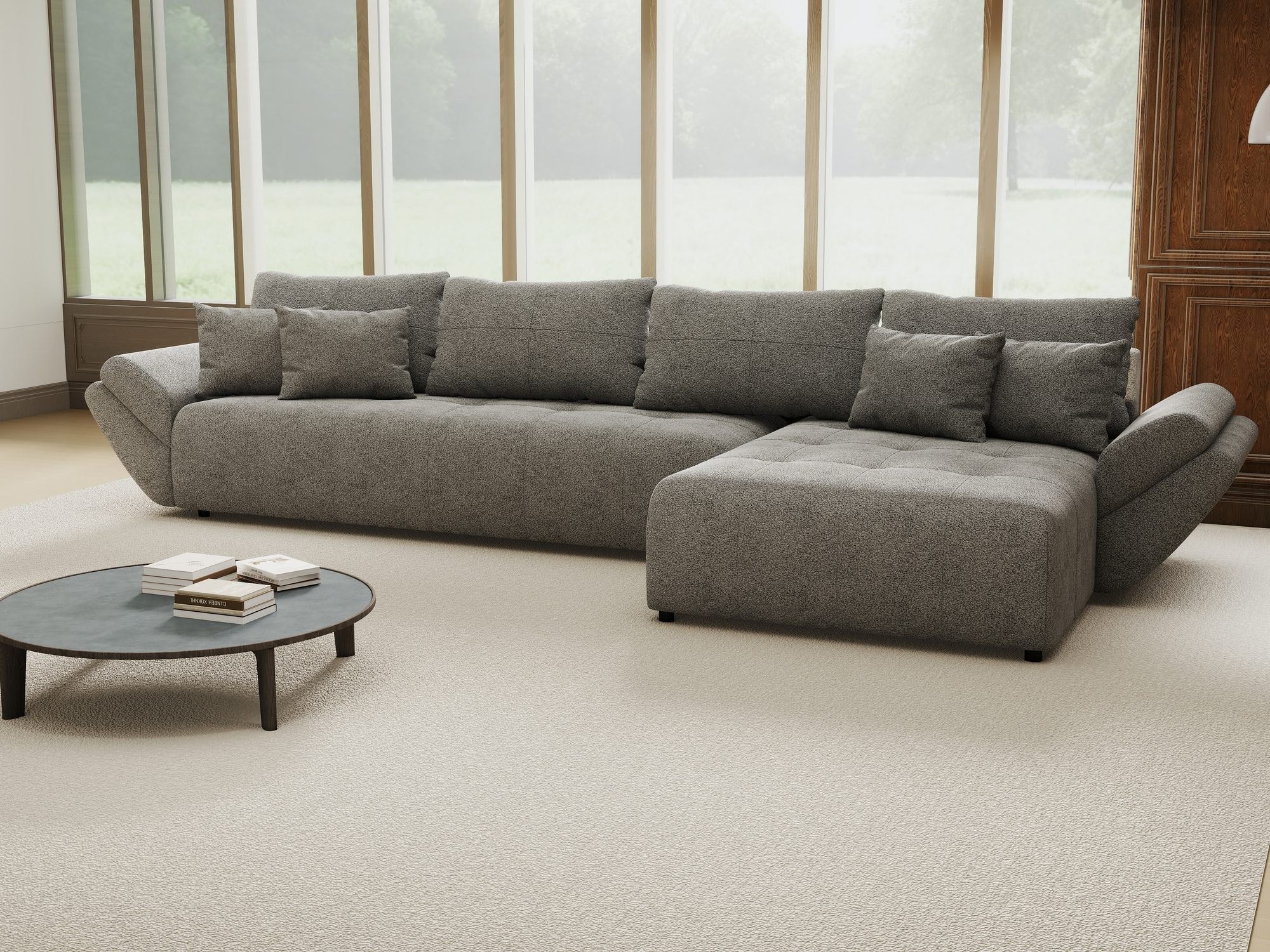 Colțar extensibil dumonde cu ladă de depozitare si sezut confortabil din spuma high-density, Berlin XL Quelle Gri 92 II 350x185 cm