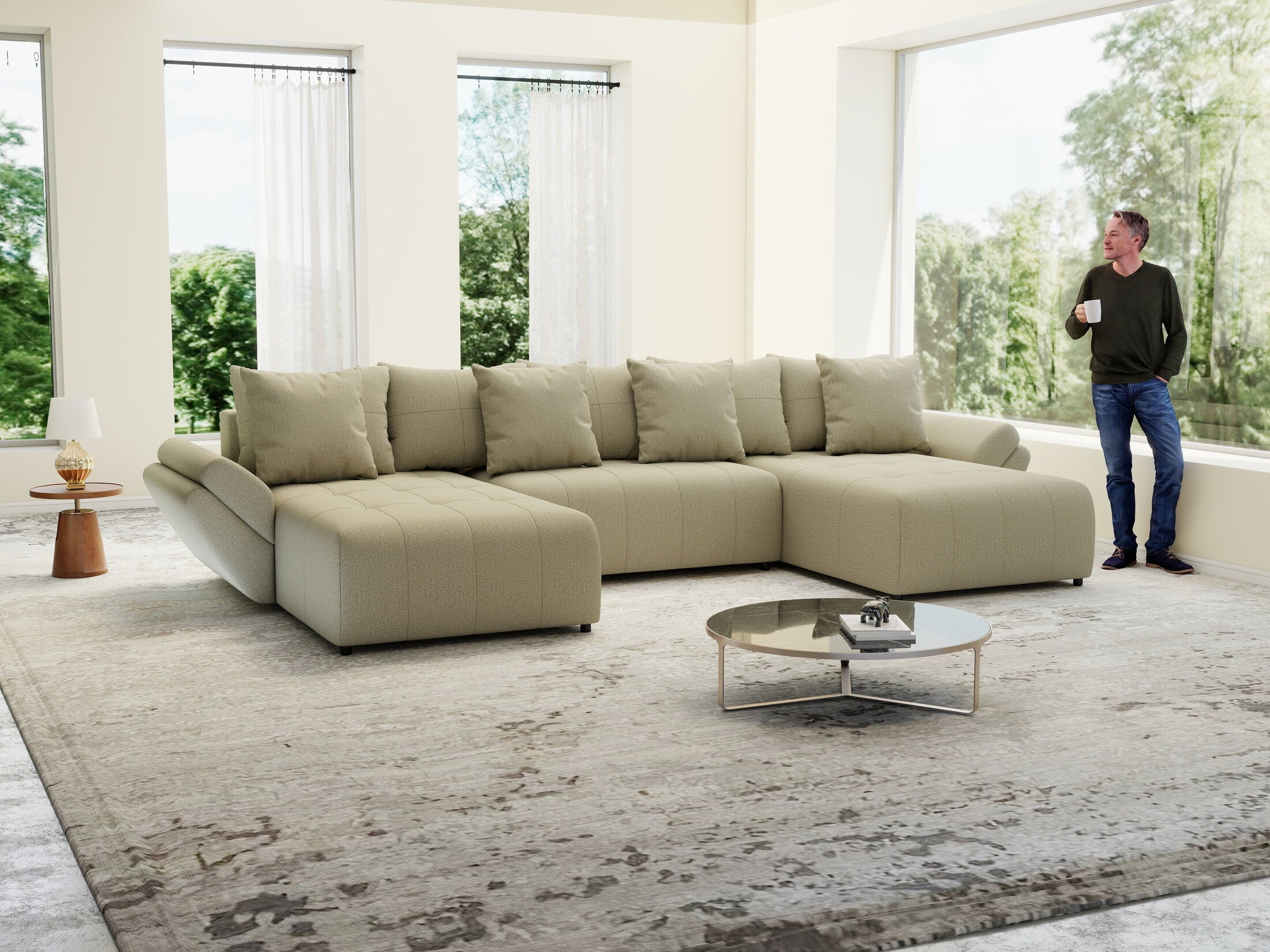 Colțar extensibil dumonde cu ladă de depozitare si sezut confortabil din spuma high-density, Berlin U Enjoy Camel 400x185 cm