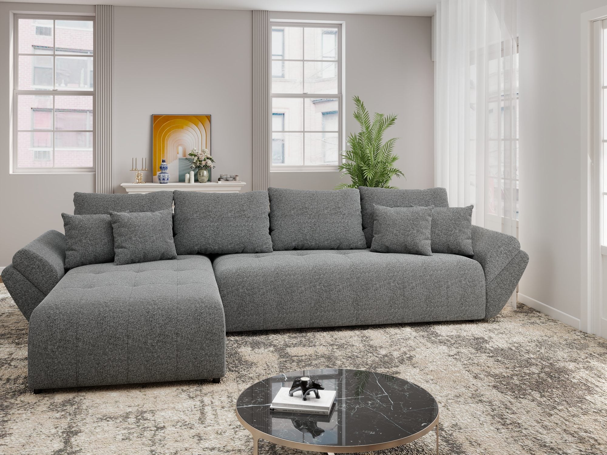 Colțar extensibil dumonde cu ladă de depozitare si sezut confortabil din spuma high-density, Berlin XL Monte Gri 90 350x185 cm