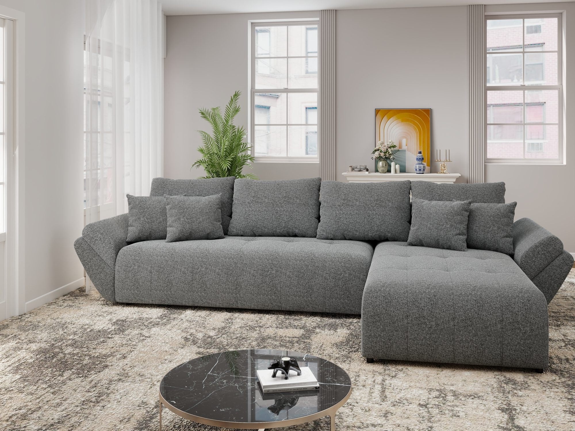 Colțar extensibil dumonde cu ladă de depozitare si sezut confortabil din spuma high-density, Berlin XL Monte Gri 90 II 350x185 cm