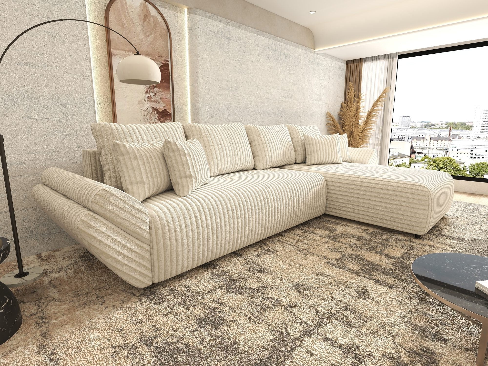 Colțar extensibil dumonde cu ladă de depozitare si sezut confortabil din spuma high-density, Berlin XL Tilia Bej 01 II 350x185 cm