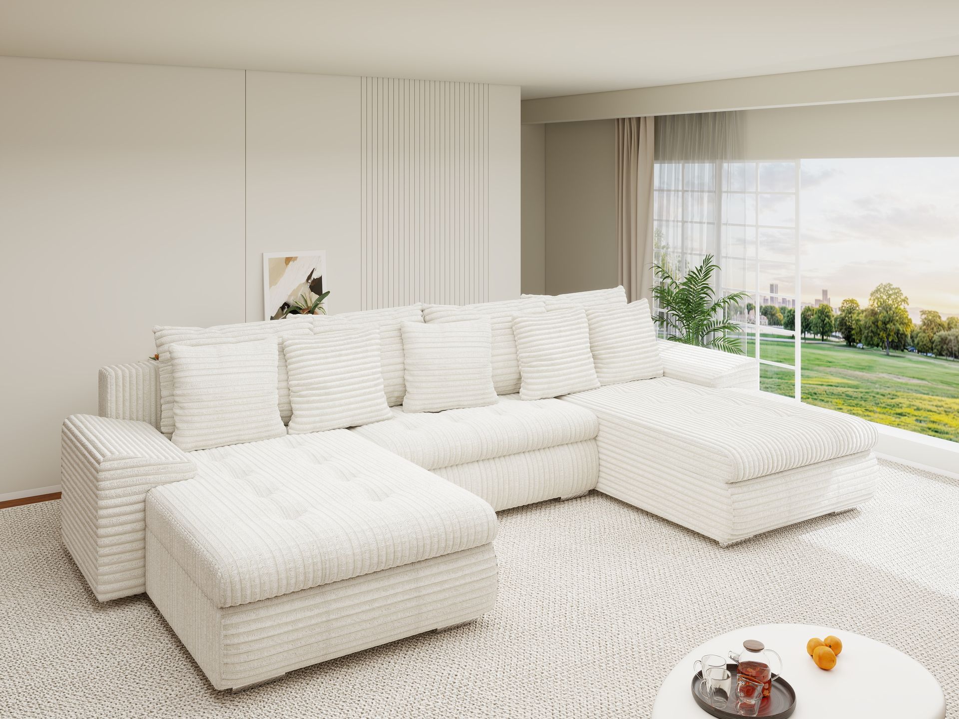 Colțar extensibil dumonde cu ladă de depozitare si sezut confortabil din spuma high-density, Leonardo U Tilia Bej 01 360x185 cm
