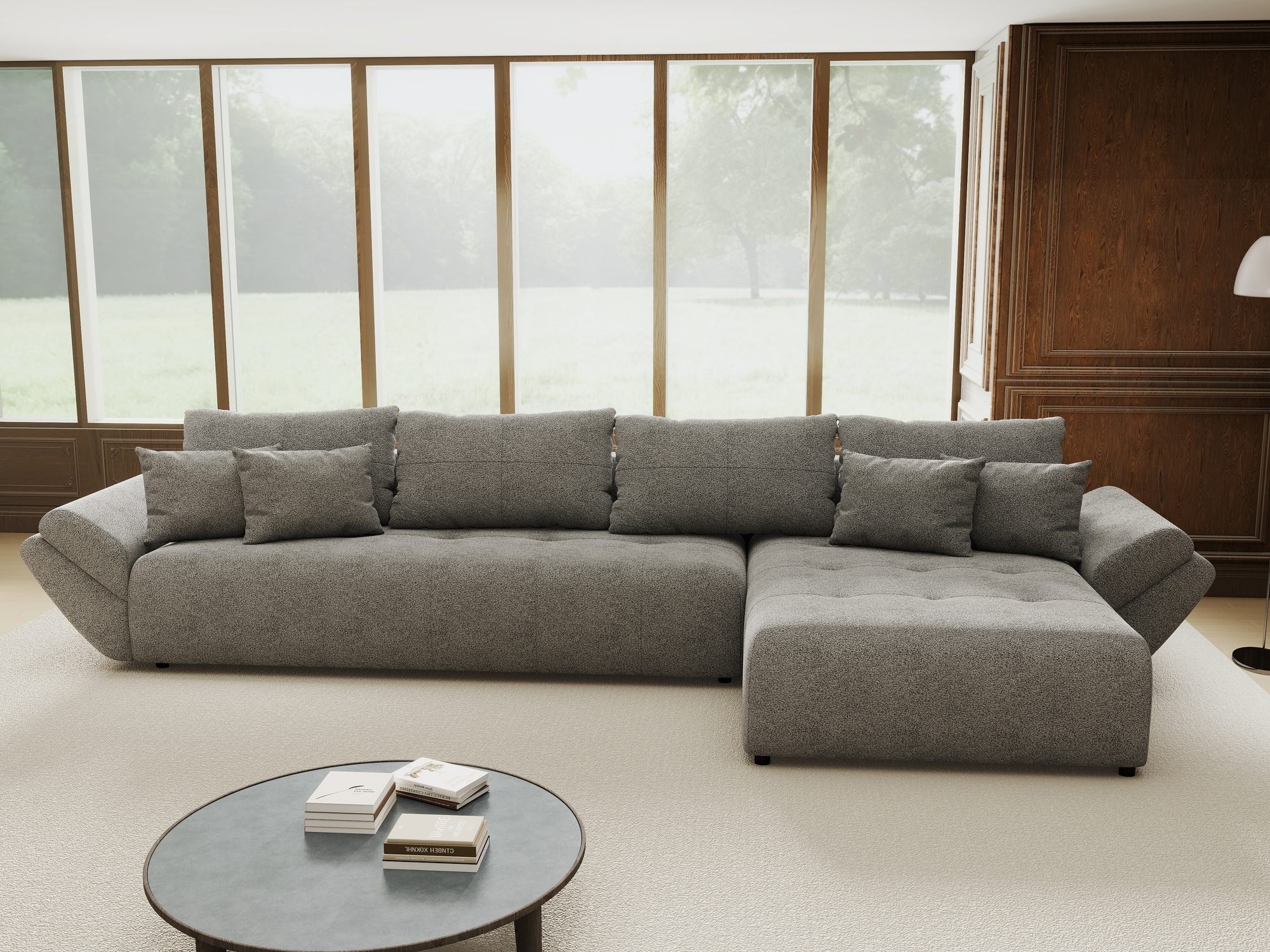 Colțar extensibil dumonde cu ladă de depozitare si sezut confortabil din spuma high-density, Berlin XL Quelle Gri 92 II 350x185 cm