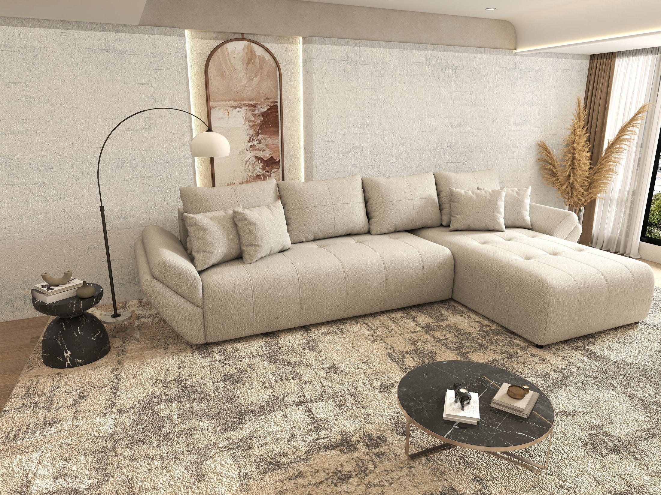 Colțar extensibil dumonde cu ladă de depozitare si sezut confortabil din spuma high-density, Berlin XL Enjoy Beige 350x185 cm II