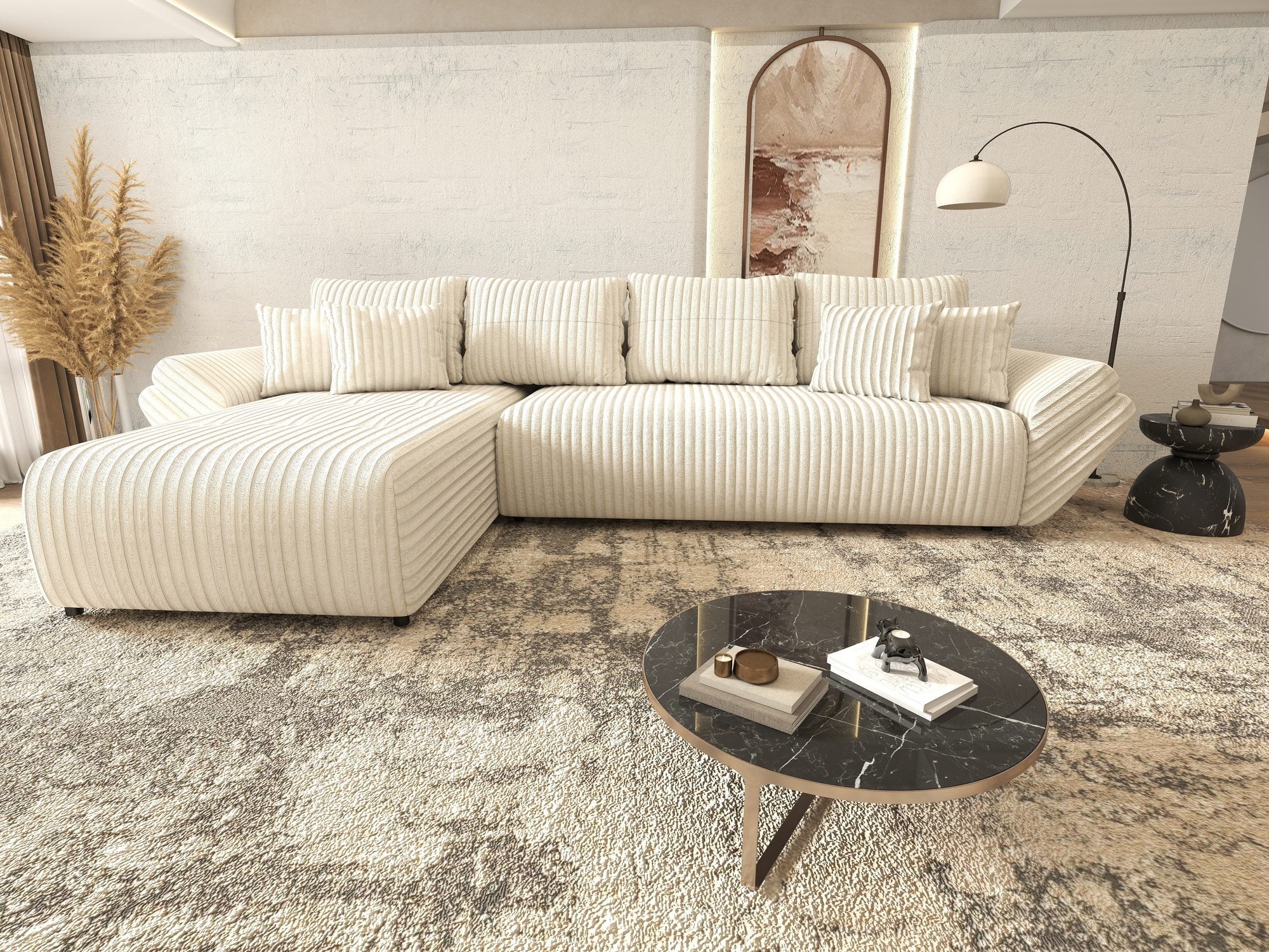 Colțar extensibil dumonde cu ladă de depozitare si sezut confortabil din spuma high-density, Berlin XL Tilia Bej 01 350x185 cm