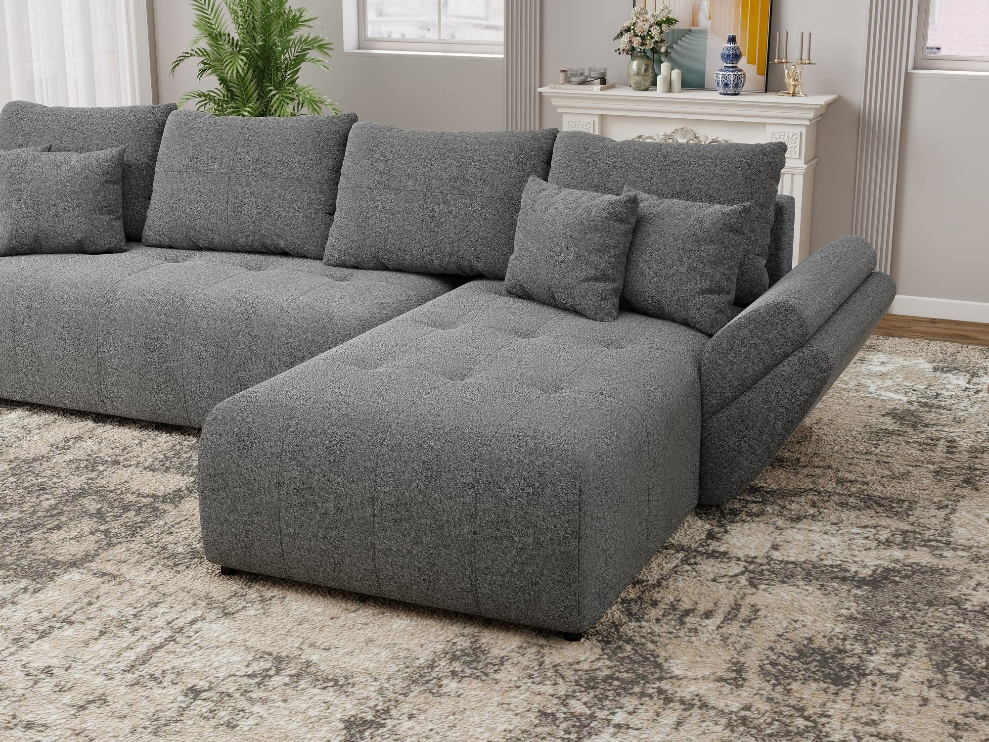 Colțar extensibil dumonde cu ladă de depozitare si sezut confortabil din spuma high-density, Berlin XL Monte Gri 90 II 350x185 cm