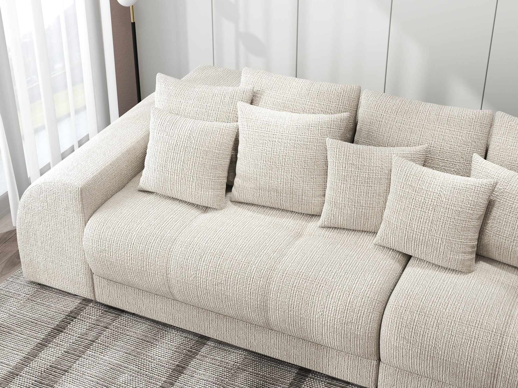 Canapea extensibilă dumonde cu 2 lăzi de depozitare si sezut confortabil din spuma high-density, Verona Cremona Gri Deschis 02 310x100 cm